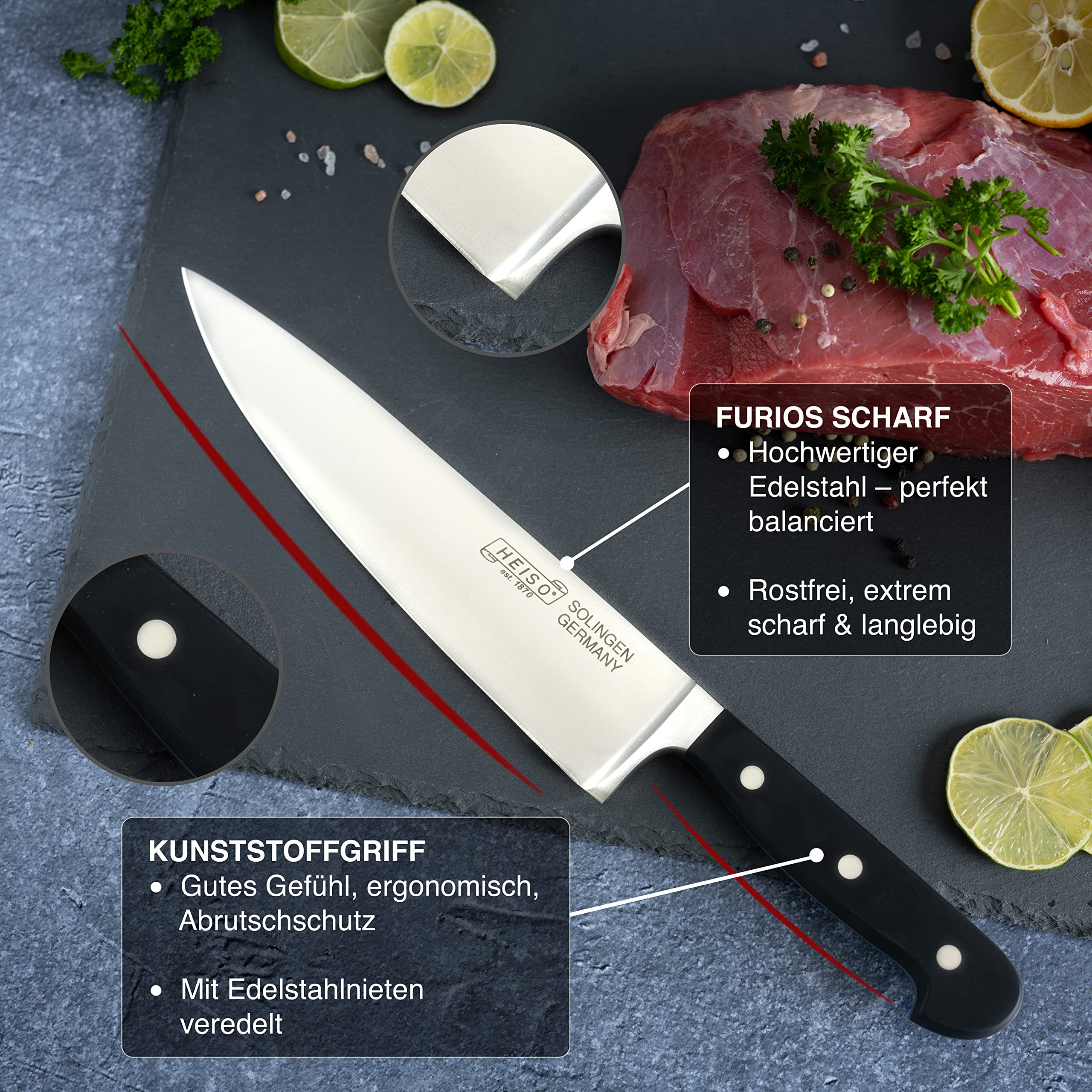 HEISO Kochmesser - handgeschmiedet in Solingen - rostfreie 21cm Klinge - Chefmesser mit extremer Schärfe - mit kostenlosem Nachschleifservice