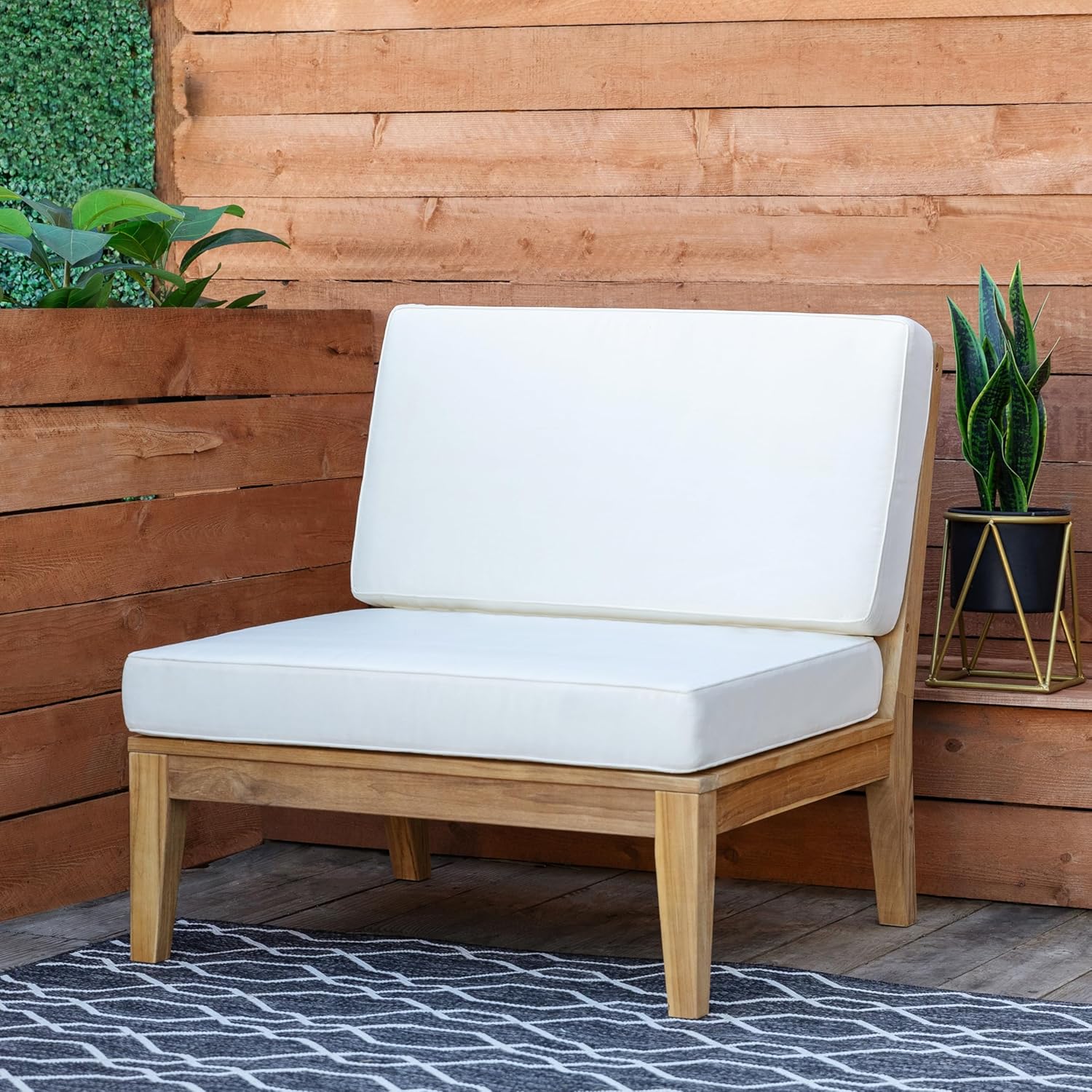 Linon Bellamy Natural Solid Teak Wood Outdoor Armless Chair with Removable Cream Cushions