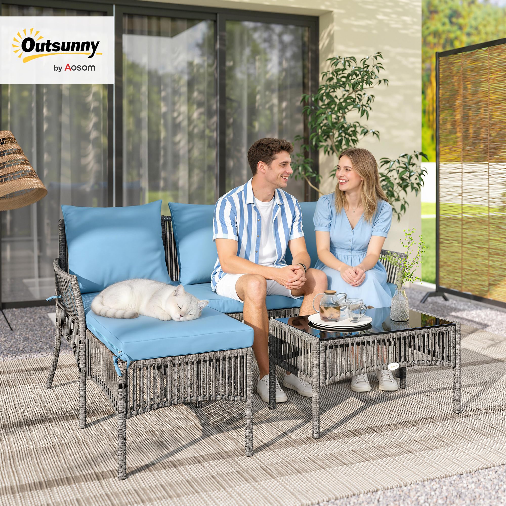 Outsunny Conjunto de Jardín de Ratán de 3 Piezas, Muebles Jardín Exterior Incluye 1 Sofá de 2 Plazas, 1 Sofá Esquinera, 1 Mesa de Centro con Tablero de Vidrio Templado, Cojines, Resistente, Azul Claro