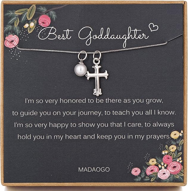 MADAOGO Goddaughter Gifts from Godmother, 925 Sterling Silver Cross Necklace with Pearl, Goddaughter Christening Gifts, Jewellery Gifts for Goddaughter Birthday
