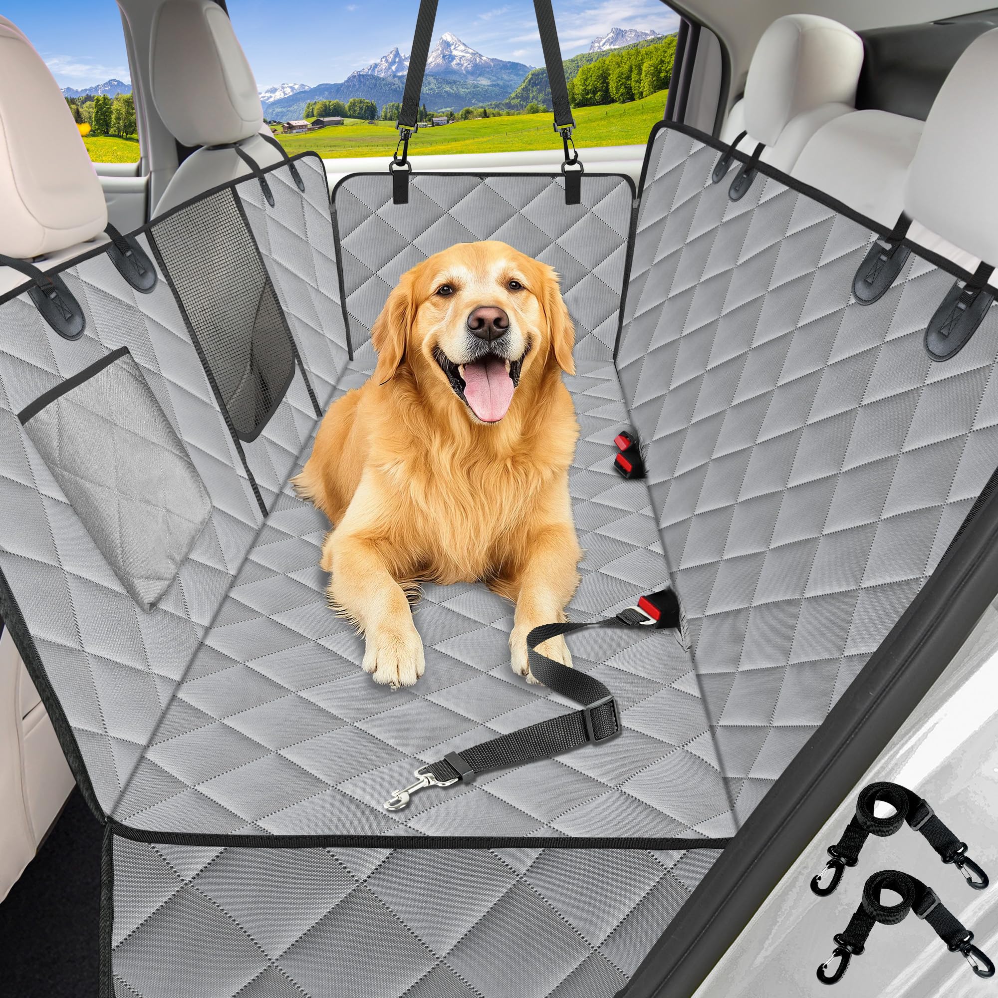 Kytely Dog Car Seat Cover for Back Seat,Waterproof Hammock with Mesh Window, Anti-Scratch Nonslip Car Seat Protector for Dogs, 600D Heavy Duty Dog Seat Cover for Cars Trucks and Suvs Gray