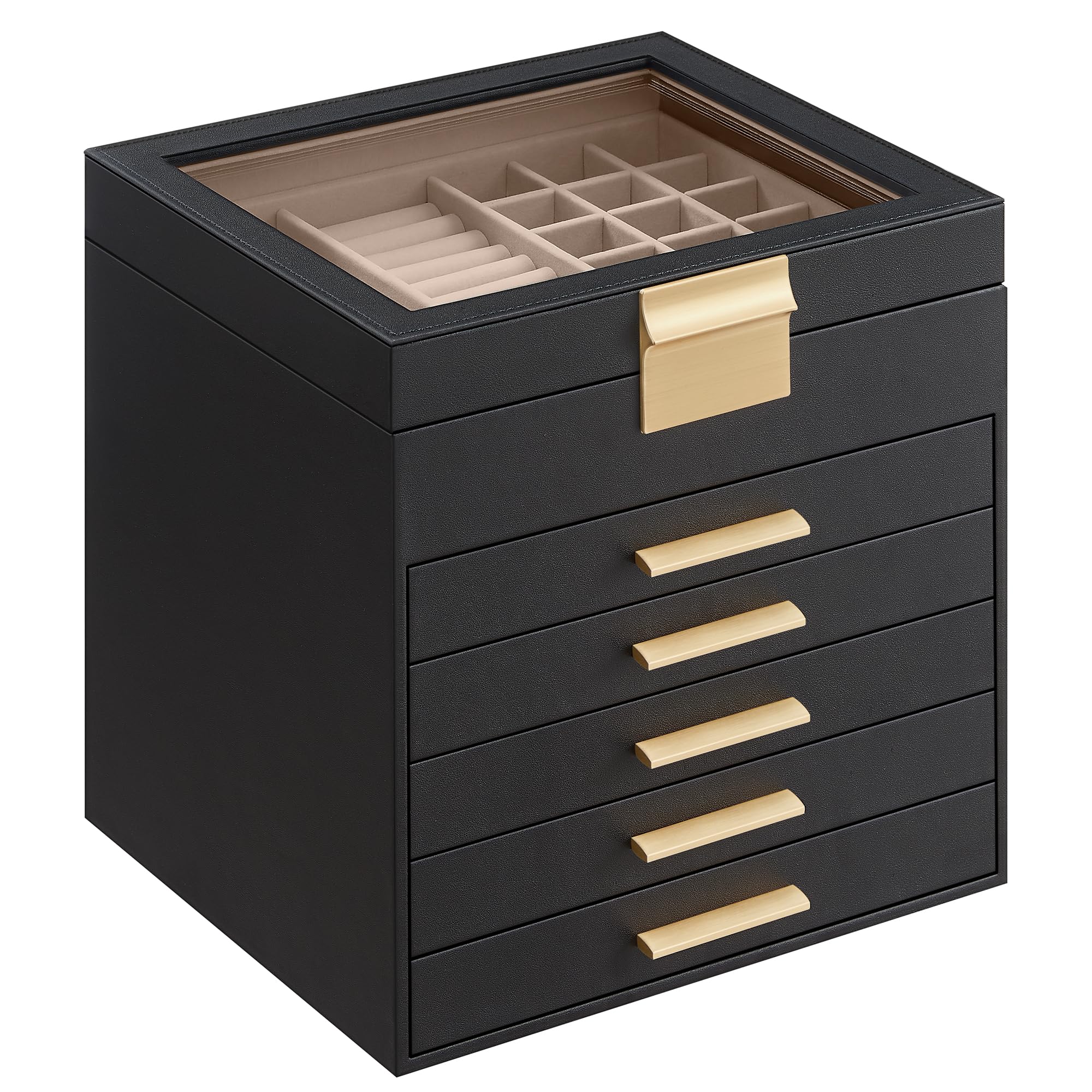 SONGMICSSONGMICS Jewelry Box Organizer with Glass Lid, 6-Layer Jewelry Storage, with 5 Drawers, Modern Style, 8 x 9.1 x 9 Inches, Graphite Black and Gold Color UJBC176B01The Forest Stewardship Council