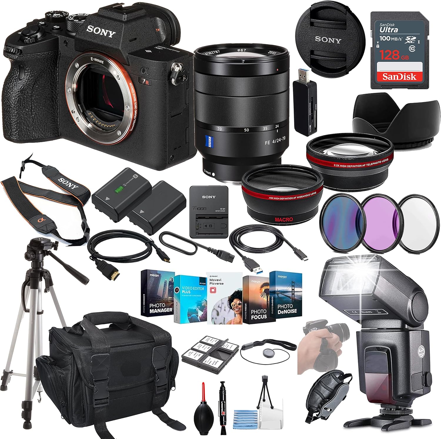 Sony a7R IVA Mirrorless Camera Bundle – ILCE7RM4A/B with 24-70mm f/4 Lens + Prime Accessory Package Including 128GB Memory, TTL Flash, Extra Battery, Editing Software Package, Auxiliary Lenses & More
