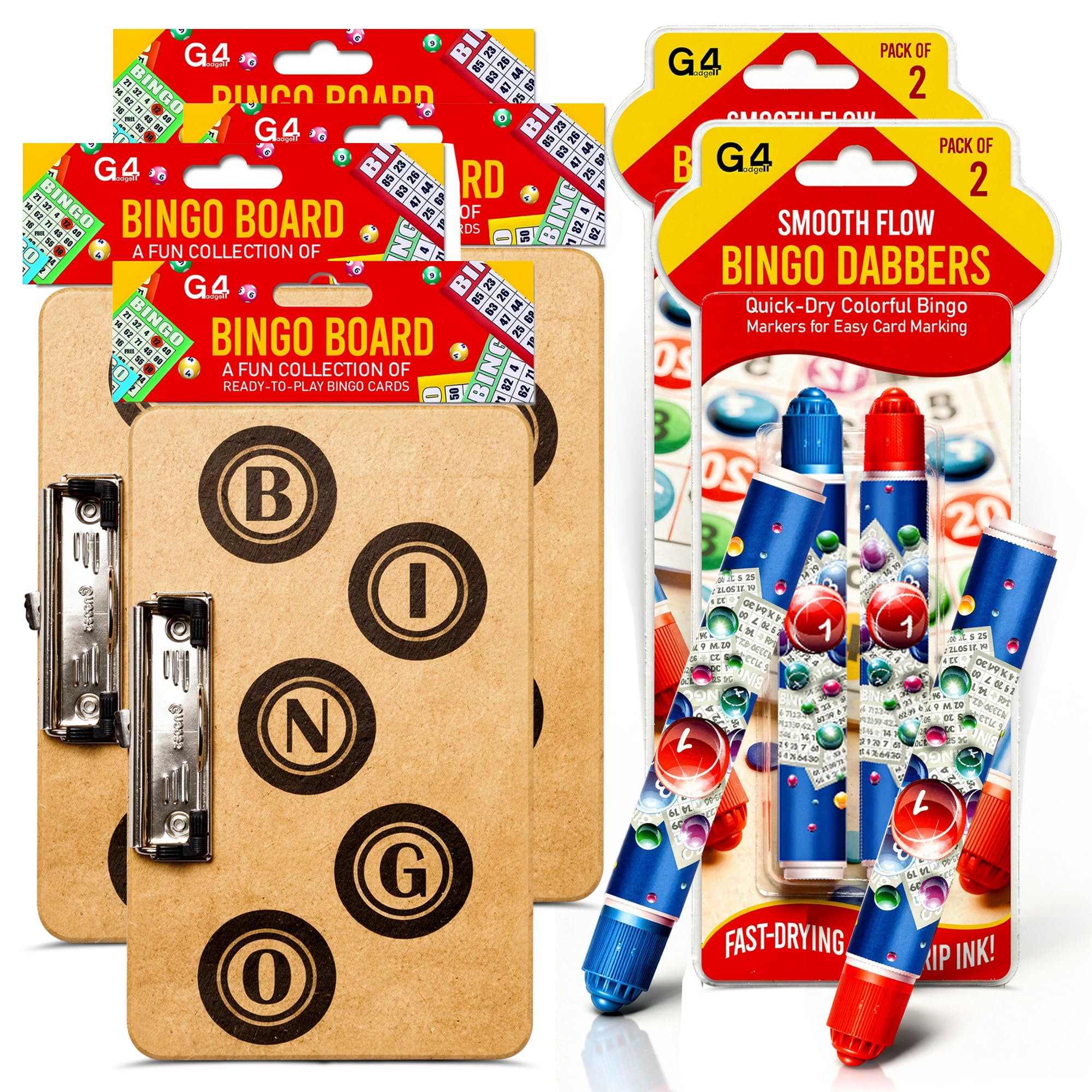 G4GADGET Bingo Dabbers Pack of 4 with 4 Bingo Boards – 2 Packs of 2 Pens & Dabbers, Colour Bingo Markers with Wooden Clip Boards for Bingo Tickets, Games, Clubs & Family Nights