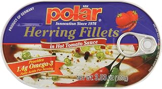 MW Polar Herring in Hot Tomato Sauce, Wild Caught Fillets, 3.5oz Cans (18-Pack), Omega-3 Rich Seafood Snack