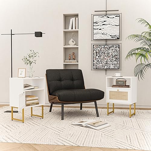 Miniatura 5 de Mesita de noche de ratán, mesita de noche de granja con cajón de almacenamiento y estante abierto, mesa auxiliar moderna bohemia con marco dorado