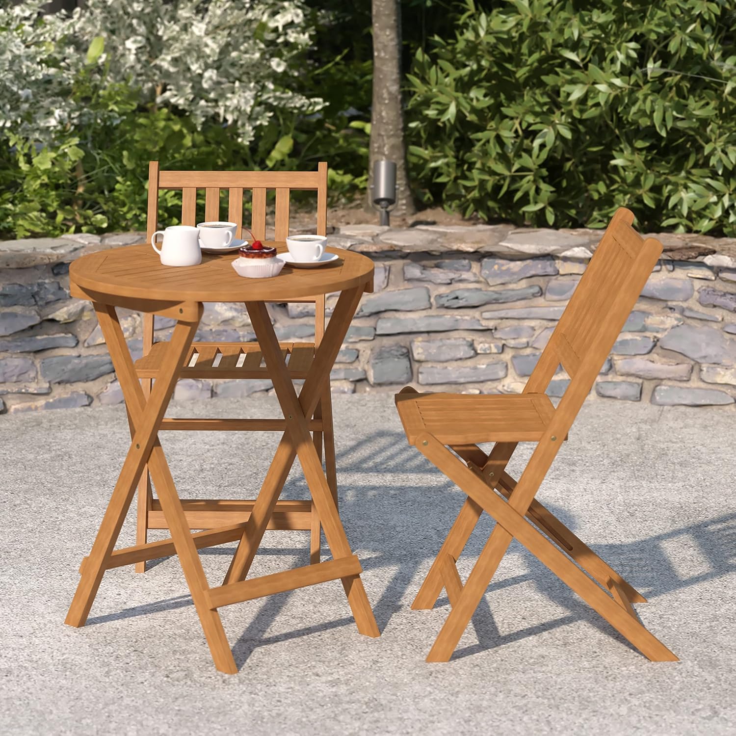 Merrick Lane Stora Three Piece Patio Bistro Set - Natural Solid Acacia Wood - Round Table - Two Chairs - Lightweight Folding Design - Weather Resistant