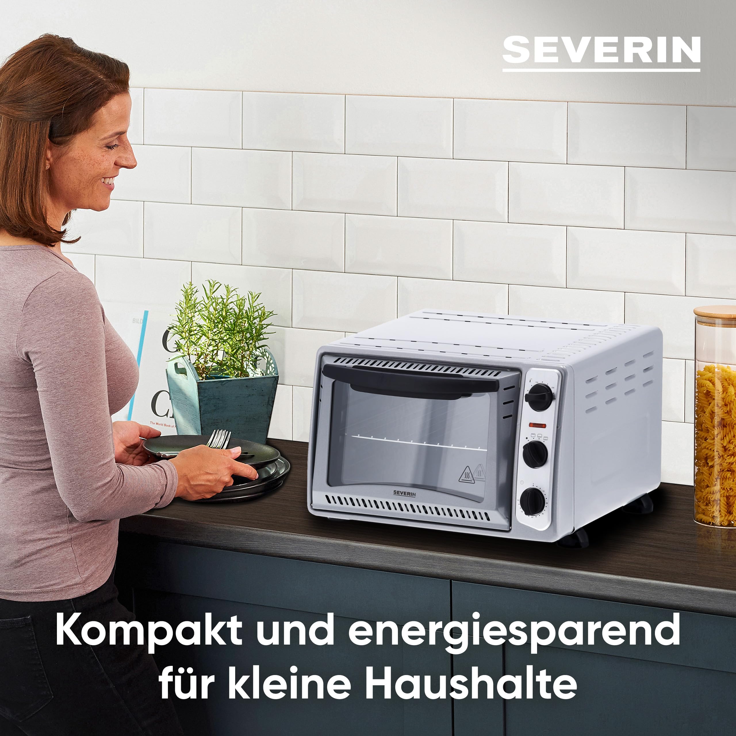 SEVERIN Back- und Toastofen, mobiler Backofen für Pizza, Aufläufe, Kuchen, Brötchen etc., Toaster Ofen mit 1.500 W und Temperaturen von 100 bis 230 °C, silber, TO 2045