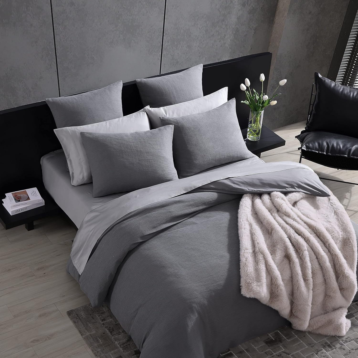 Vera Wang- King Duvet Cover Set, Reversible Cotton Bedding Set with Matching Shams, Designer Home Décor (Textured Pleats Charcoal, King)