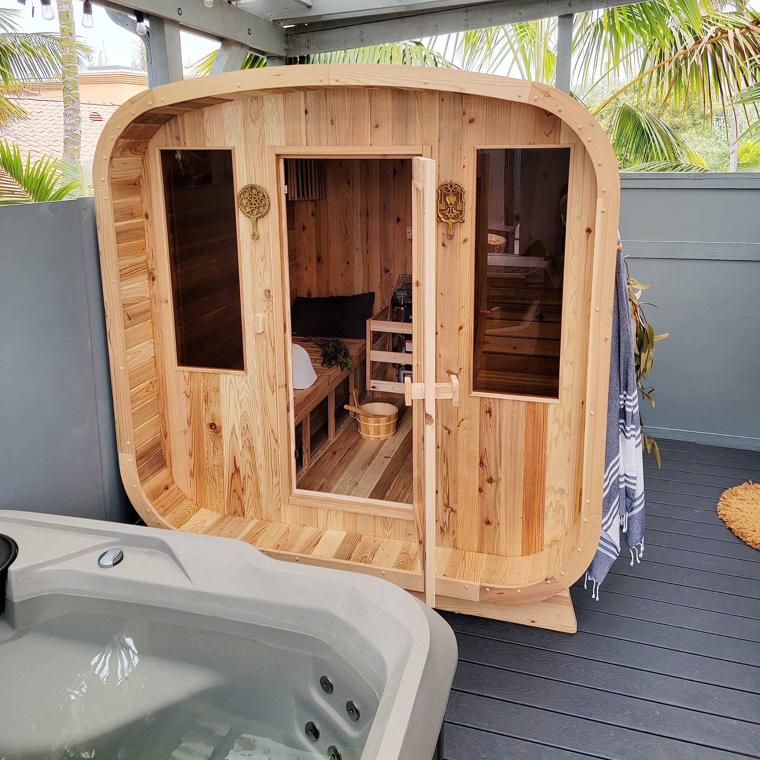 ALEKO Barrel Sauna | Personal Dry Wet Steam Sauna | Indoor Outdoor | Rustic Cedar | 6 Person | UL Certified 6 kW Harvia Heater | SRCE6HULU