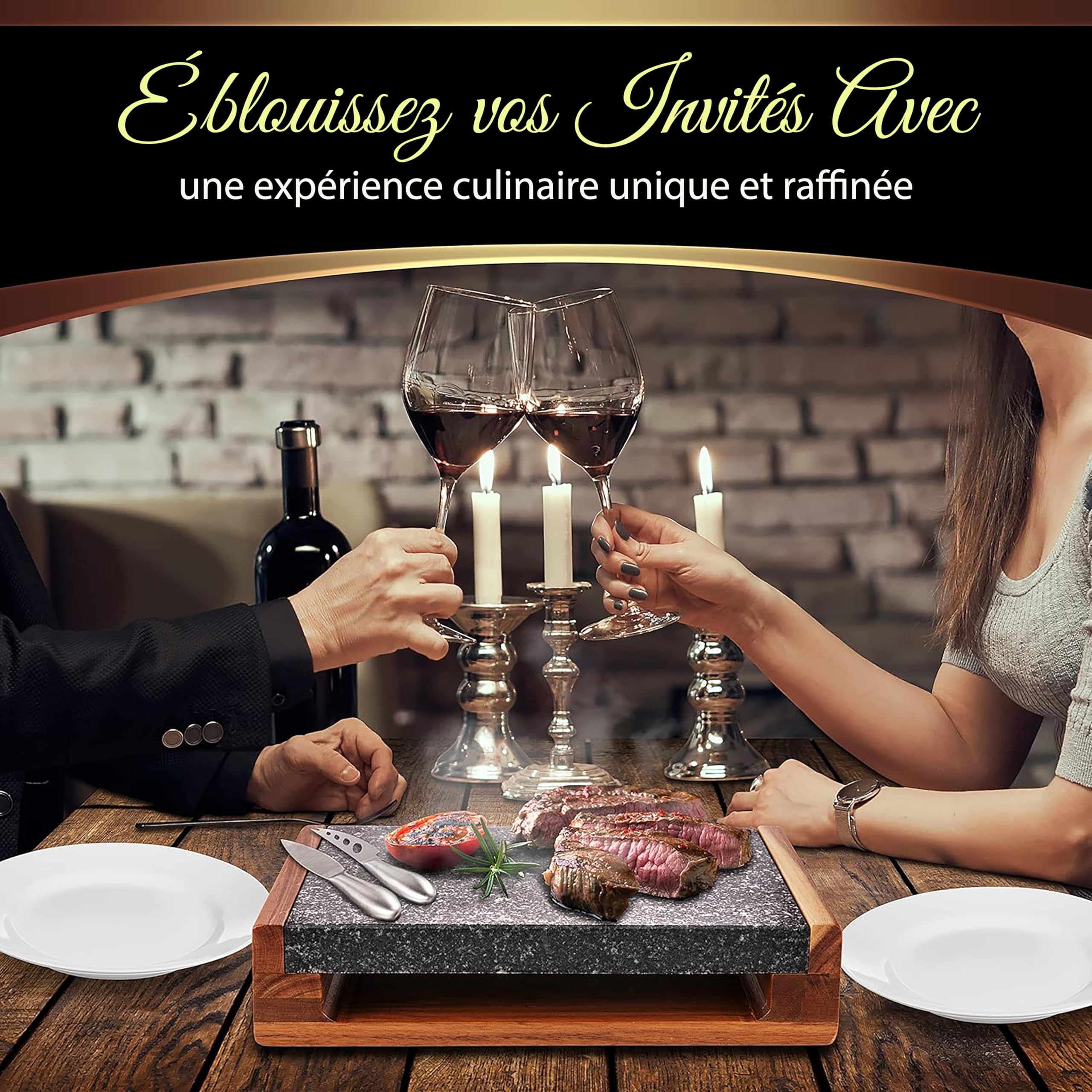 Nutrichef Ensemble de Grillade avec Pierre de Cuisson- Plaque Grésillante en Roche Volcanique pour Steak, BBQ et Viandes Cuit et Retien-Plateau Chauffant pour Servir les Aliments