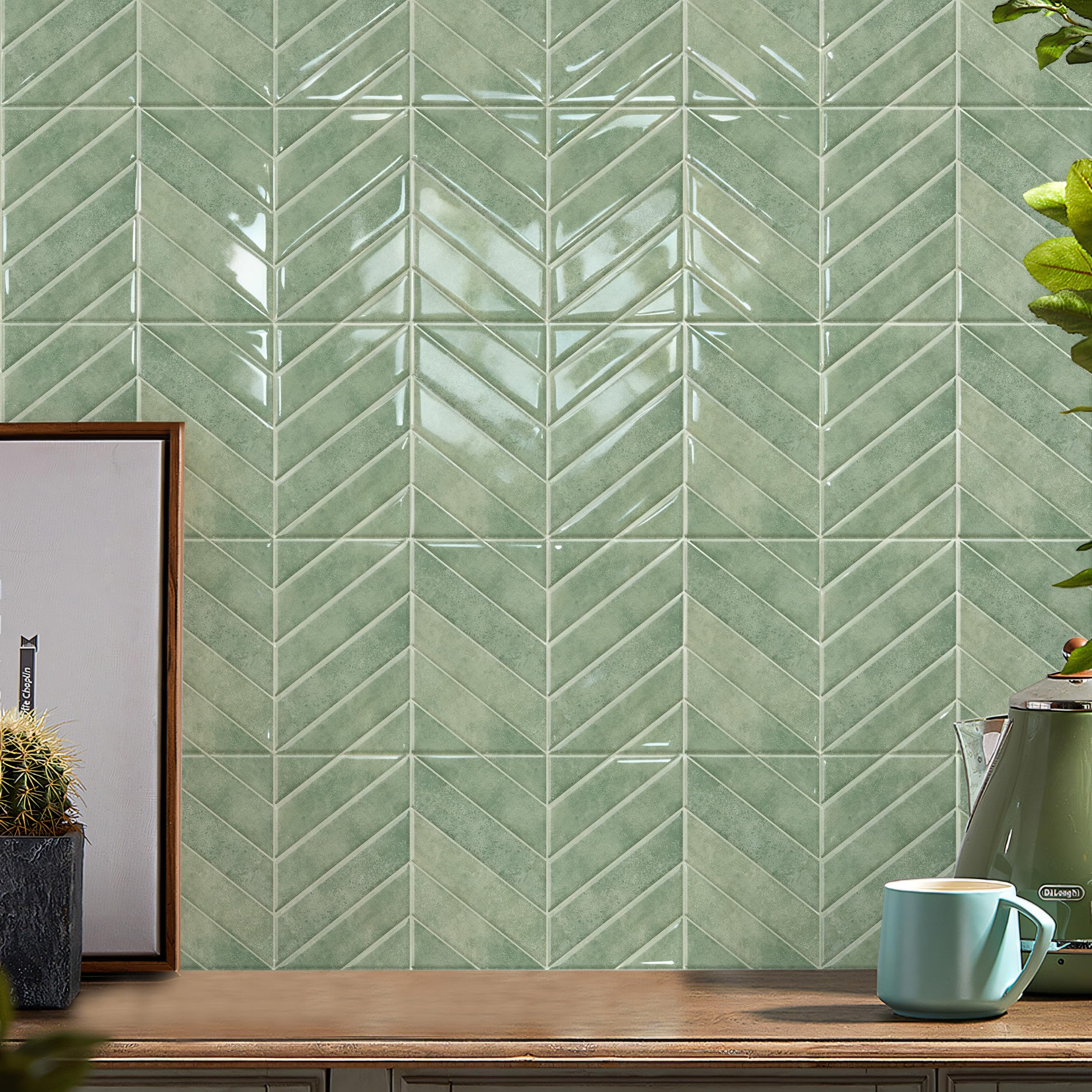 Alwayspon 23x29cmx10Pcs 3D Vinyl Splashback Tiles, Peel and Stick Self Adhesive Wall Tile Stickers Stick on Tiles for Kitchen Bathroom Wall, Grass Green — image 1