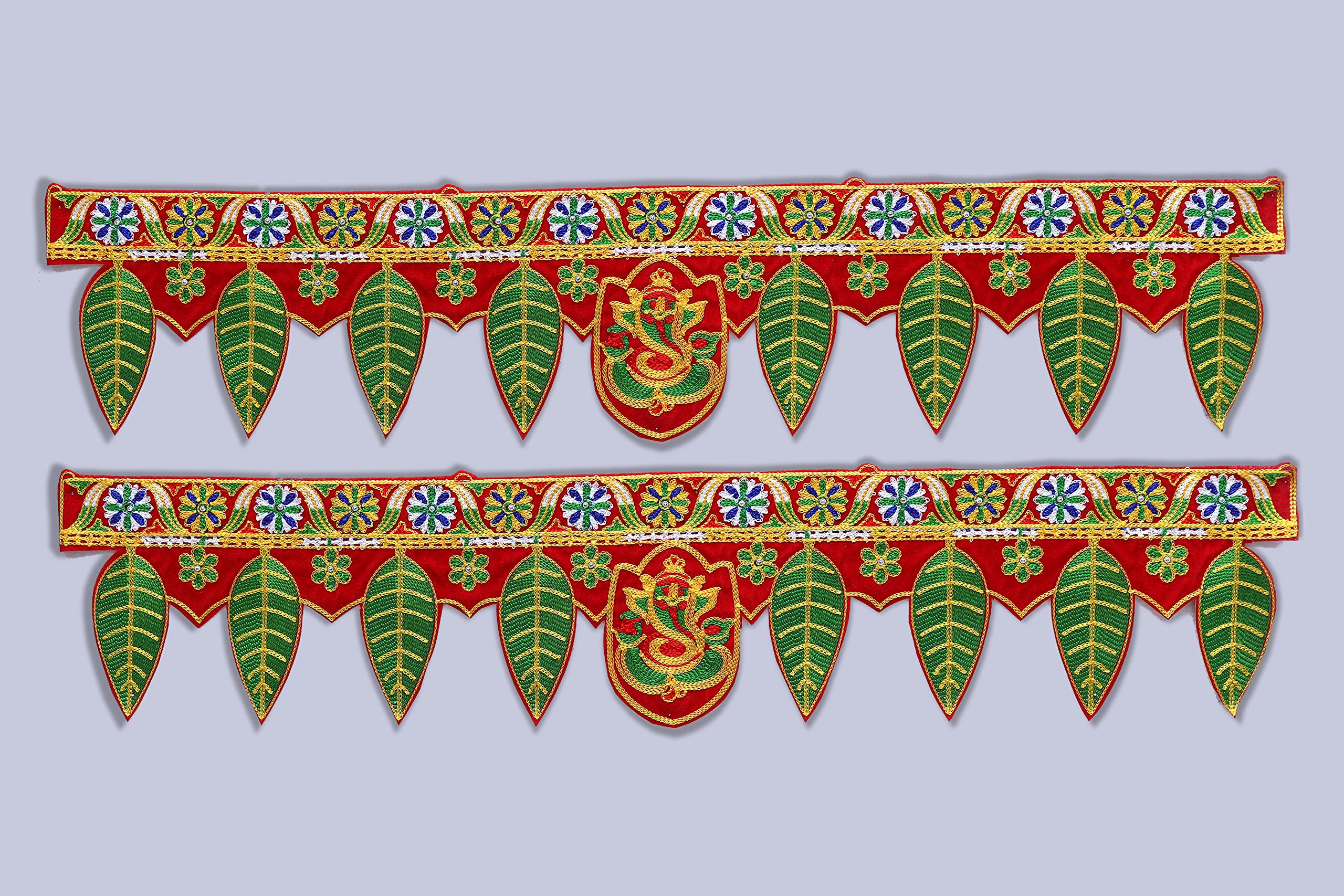 Traditional Mango Leaves & Ganeshji Toran for Home Entrance I Hangings for Door Decoration Red (Pack of 2)