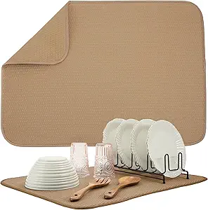 S&T INC. Dish Drying Mat XL, 18” x 24”, Absorbent Microfiber Kitchen Counter Mat, Drying Pad for Dishes, Utensils, Pots and Pans, Extra Large, Diamond Texture, Almond