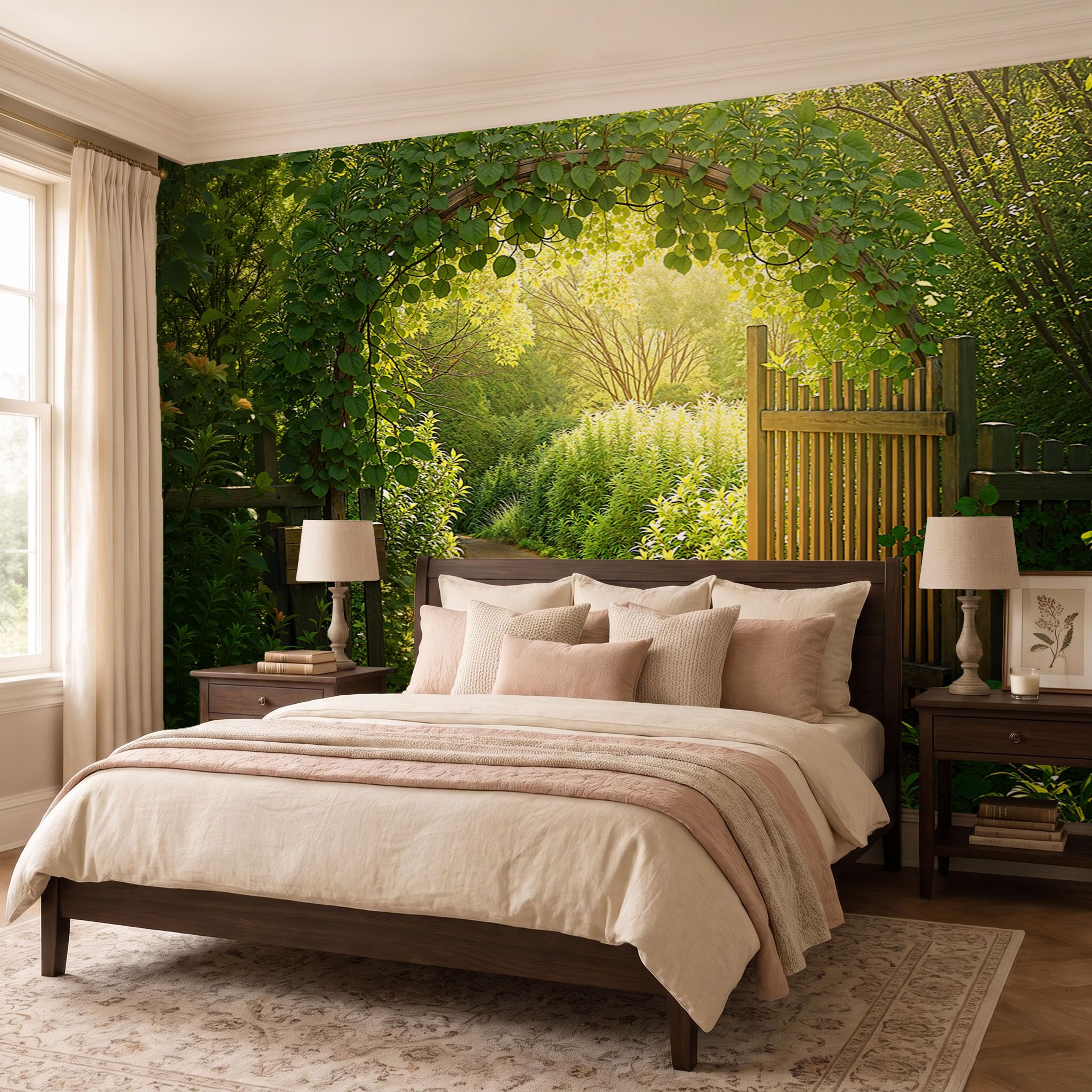 Carta Da Parati Effetto 3D Paesaggi rurali che infondono benessere 400x280cm Fotomurali seta, Porta in legno per giardino fresco Decorazione Poster Arte Murale Moderna per Casa Ufficio