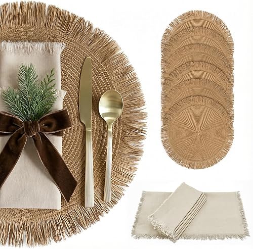 Miniatura 1 de Hermoso juego de 6 manteles individuales y servilletas bohemios  Hecho a mano de algodón tejido de arpillera y paja decoración de mesa para comedor,