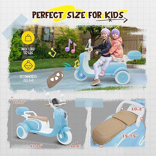 Miniatura 2 de Motocicleta eléctrica para niños de 12 V, 3 ruedas y 2 plazas con control remoto parental de 2.4 G, música, bocina, luz, caja de almacenamiento