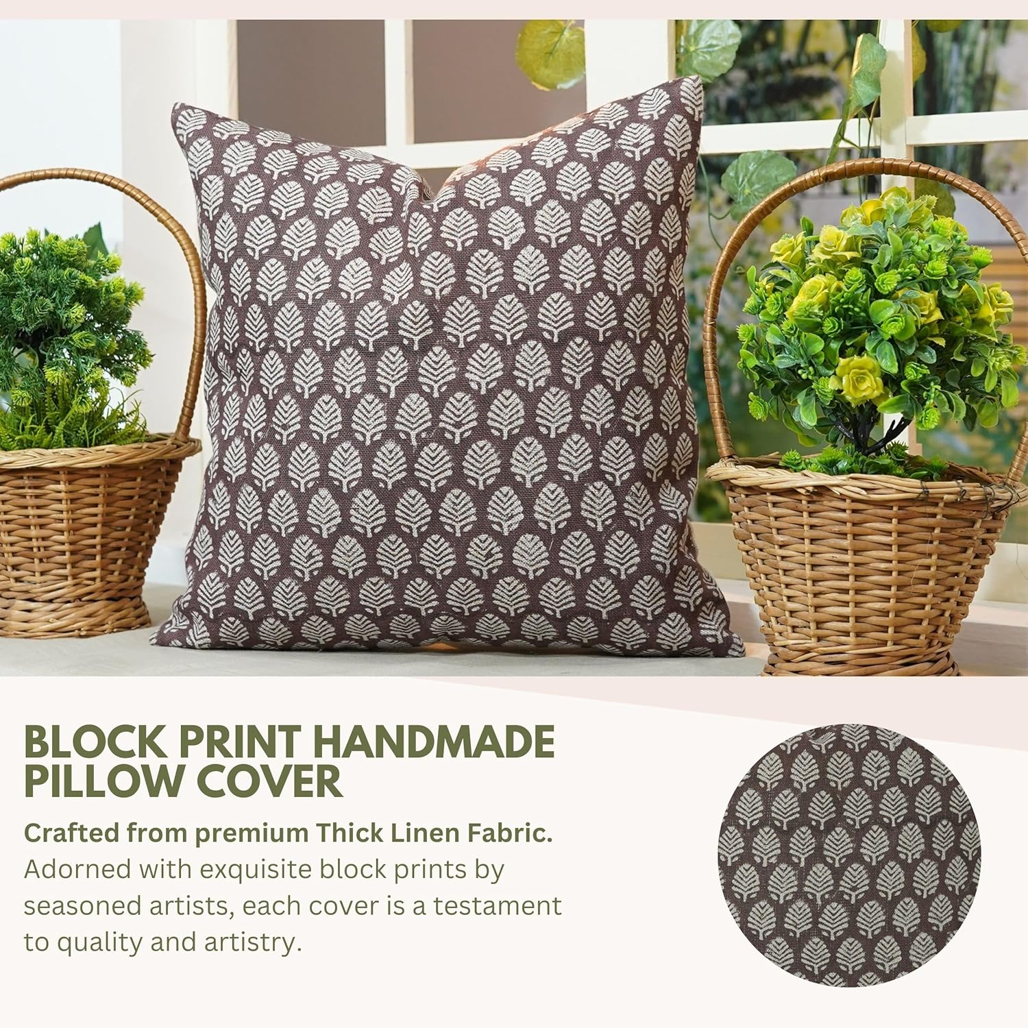 Handloom Art Block Print Thick Linen 18X18 Throw Pillow Case Cushion Cover for Sofa Couch and Bed, Chair, Fall Decoration, Home Décor, Outdoor, Farmhouse, Living Room, Chocolate Brown
