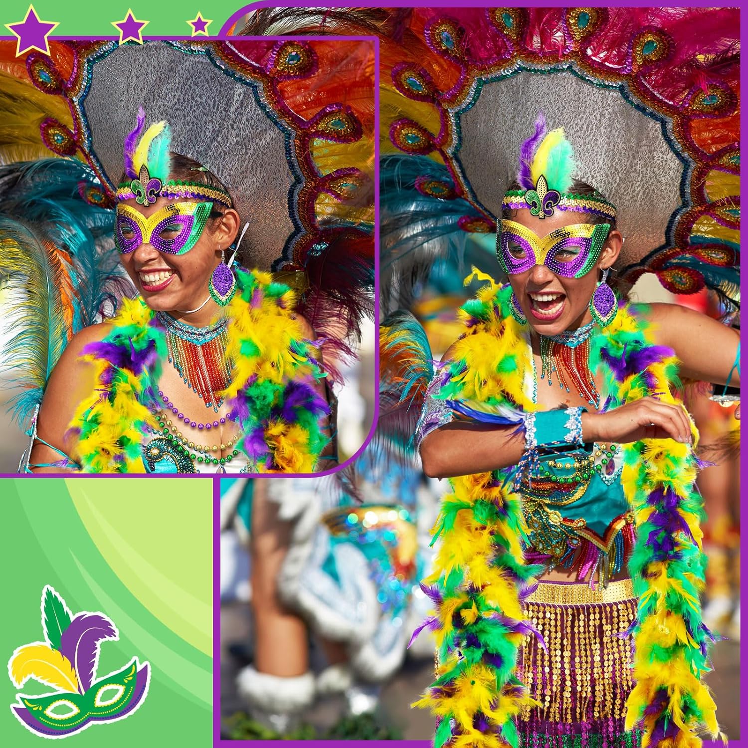 6 Pcs Mardi Gras Costume Accessory Set, Include Sequins Wrap Skirt Faux Feather Headband Beads Necklaces Mardi Gras Mask Feather Boas Layer Leaf Dangle Earrings for Women Party Favors - Image 6
