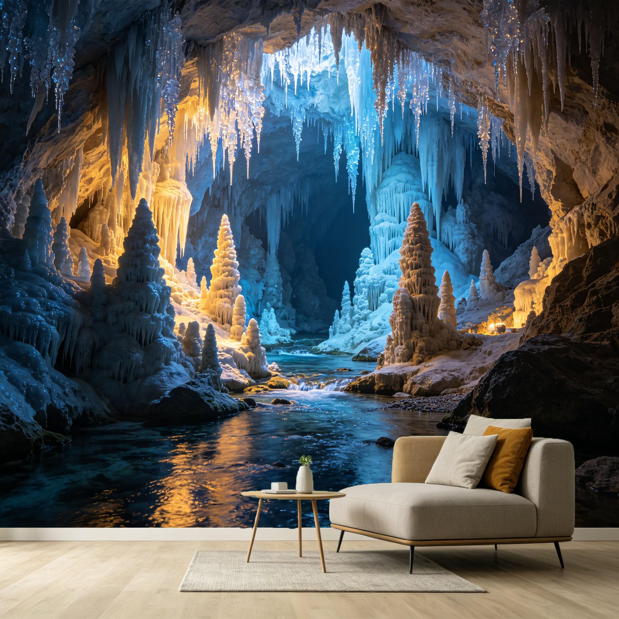 Custom Size Wall Murals Ice Cave Landscape 3D Trompe L'Oeil Icicles River Water Reflection SelfAdhesive Wall Fabric Removable Large Wallpaper Photo for Living Room