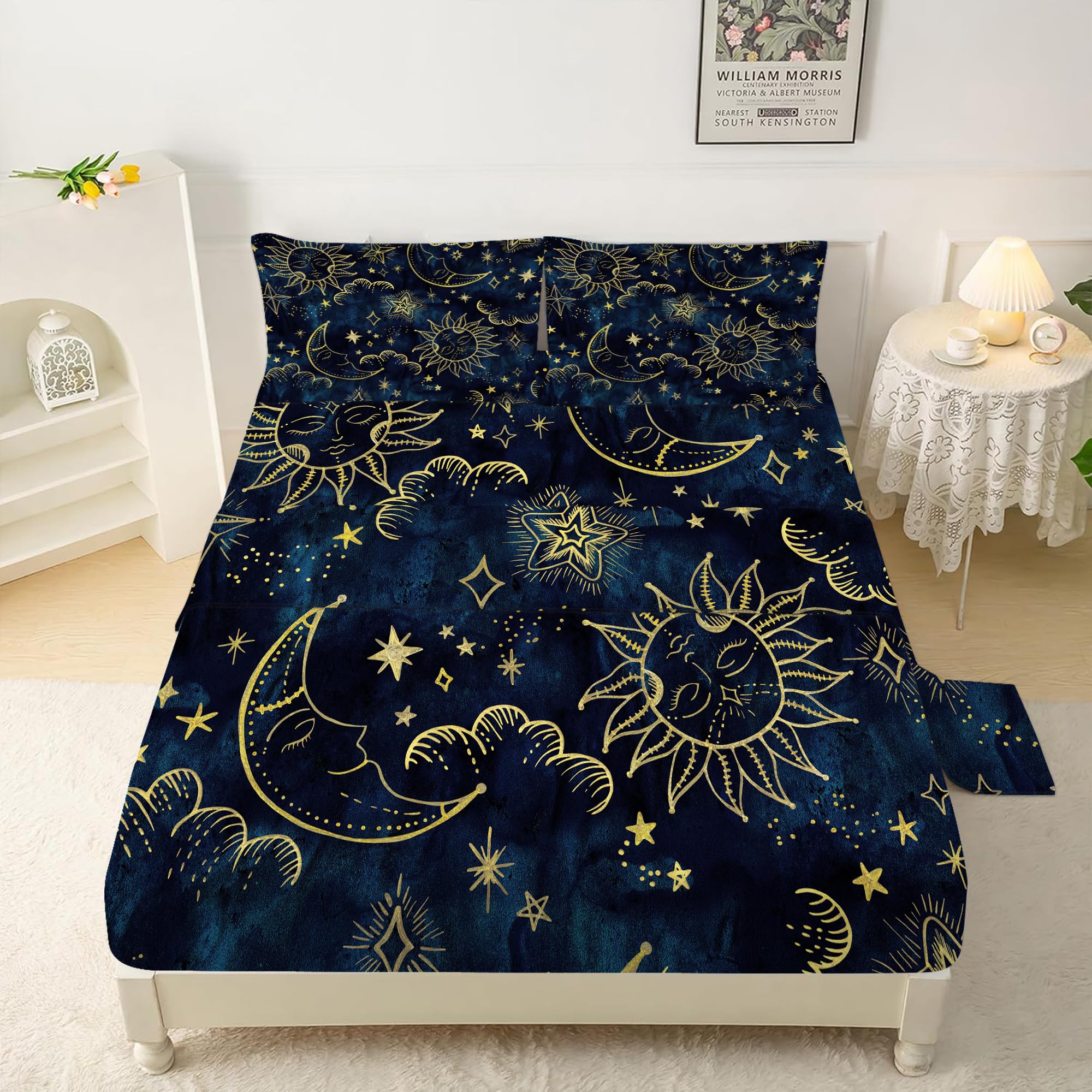 FUYEUN Celestial Sheets Set Full Size 4 Pcs,Sun and Moon Starry Galaxy Boho Bedding Sets for Kids Teens Girls Boys,Hippie Constellation Bed Sheets with 1 Flat & 2 Pillowcases