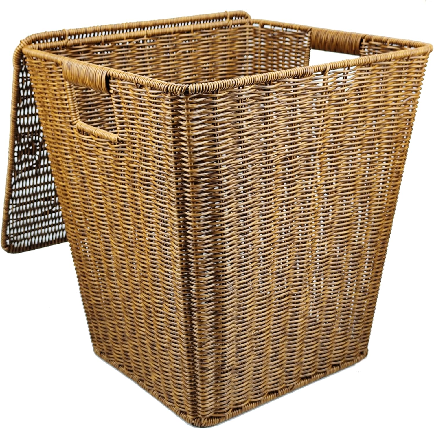 Large Storage Basket with Lid,Stylish and Durable Metal Frame Handwoven Basket Bin,for Bedroom, towels, clothes, laundry room or others storage with closets,Brown (Art Deco, 15 * 14 * 16.8)