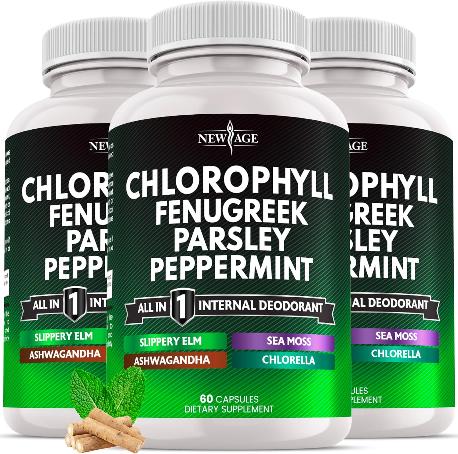 NEW AGE Chlorophyll Fenugreek Capsules - Supplement Internal Deodorant Peppermint- Fenugreek 20:1, Sea Moss, Parsley, Chlorella, Spirulina, Slippery Elm, Ashwagandha, All in 1 Greens- 120 Count
