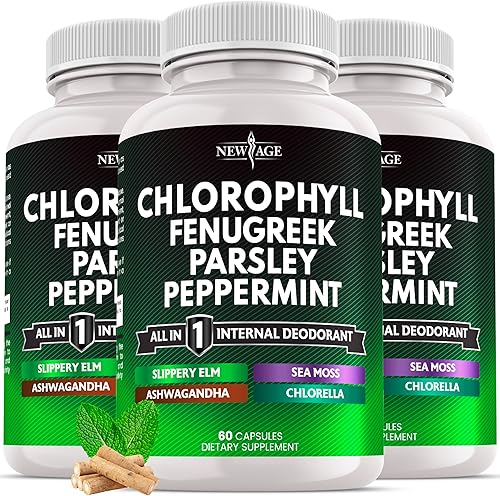 NEW AGE Cápsulas de fenogreco de clorofila - Suplemento desodorante interno de menta - Fenogreco 201, musgo marino, perejil, clorella, espirulina,