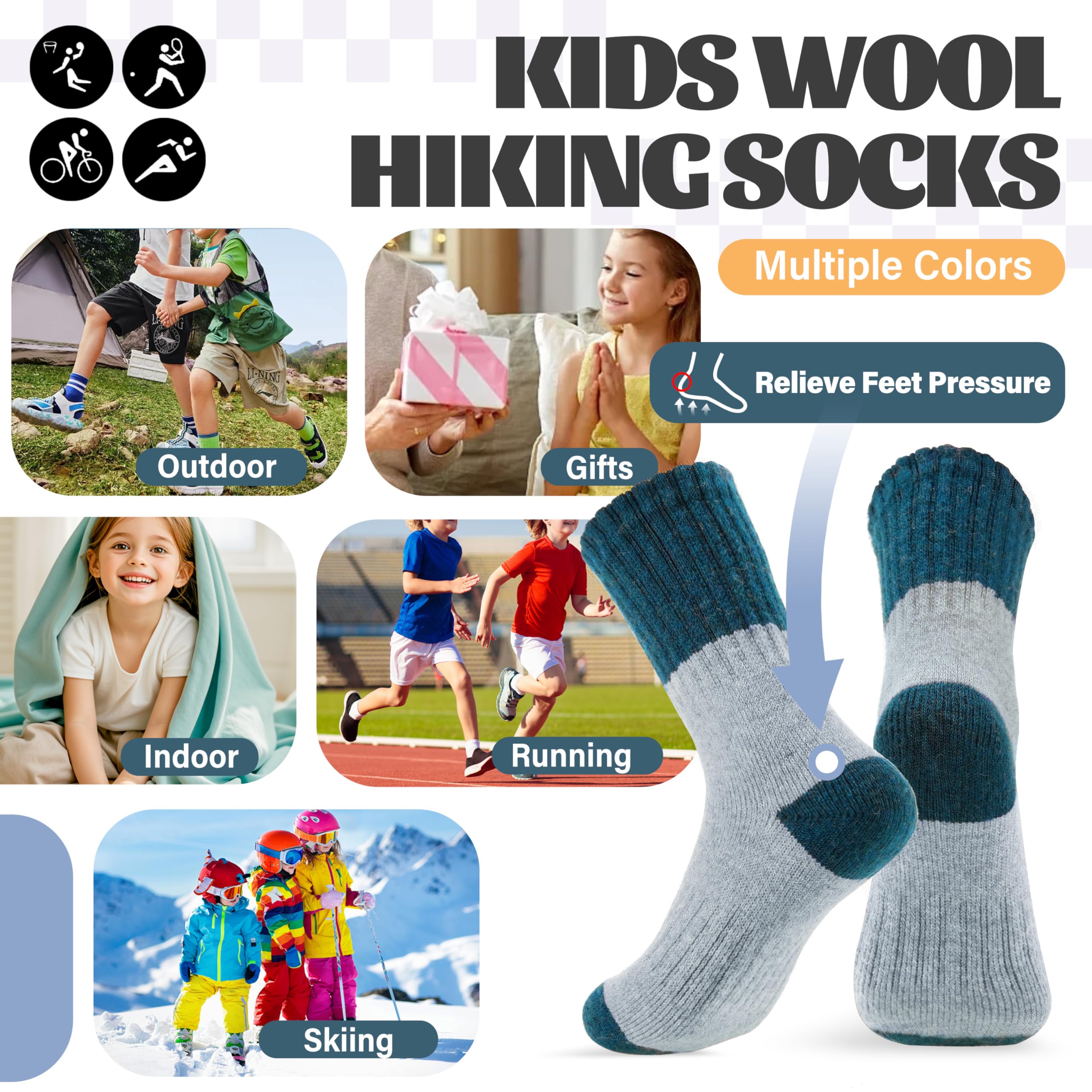 Anlisim Kinder Merino Wandersocken Jungen Mädchen Wolle Socken Warme Sportsocken Dicke Thermosocken Trekking Wintersocken Socken Kinder Weihnachtssocken Geschenke 6 Paare(Spleißen,8-12 Jahre)