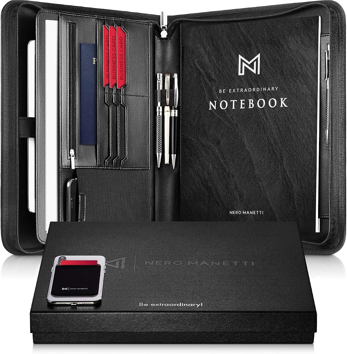 Carpeta de cuero vegano con cremallera para bloc de notas, carpeta de notas de piel sintética para currículums, entrevistas, iPad/tableta, teléfono, cuaderno legal, carpeta ejecutiva para mujeres, hombres