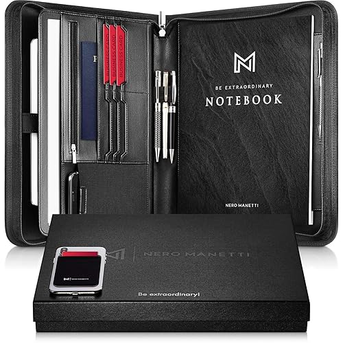 NERO MANETTI- Zippered Vegan Leather Padfolio/Portfolio Pad Holder-Business PU Leather