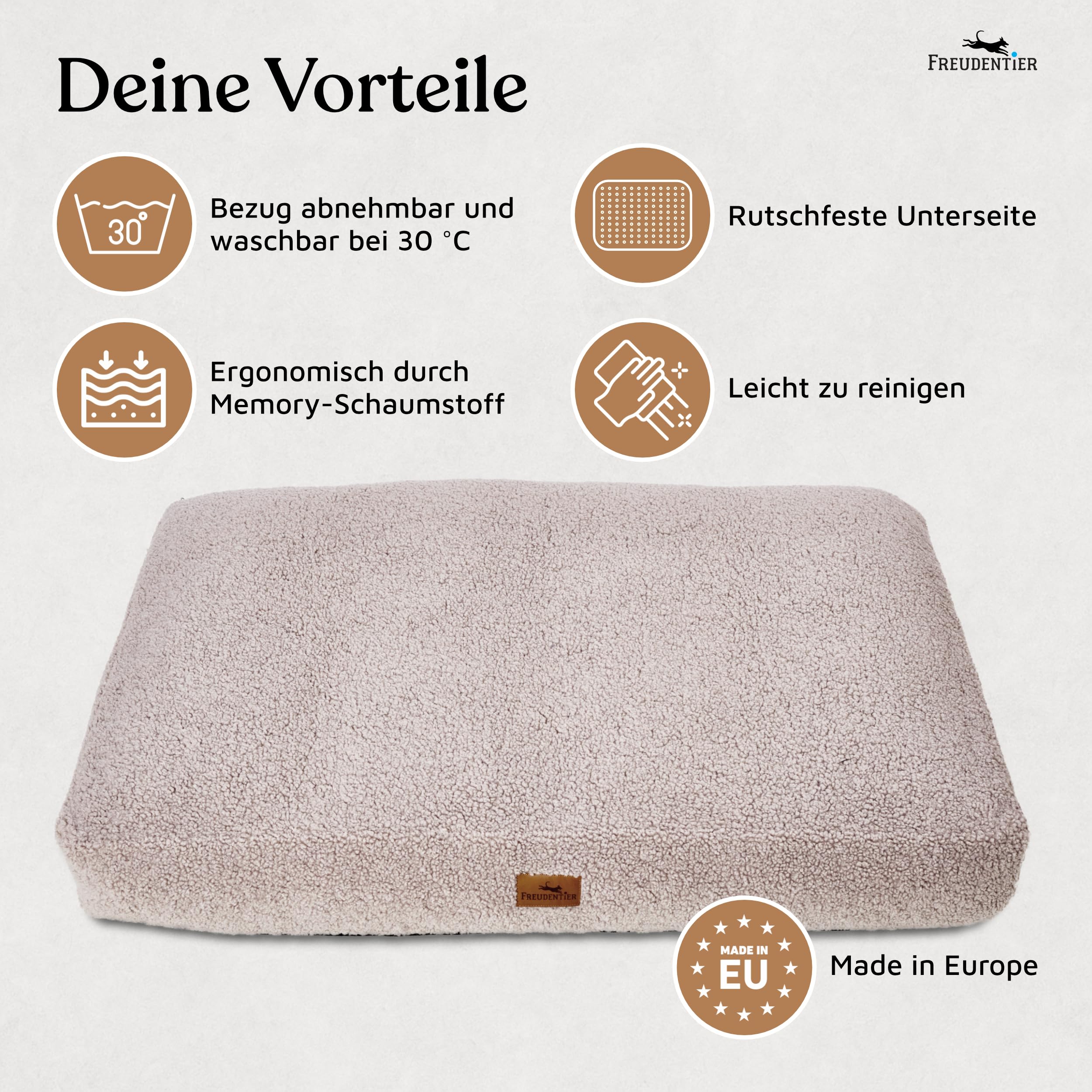 FREUDENTIER Orthopädisches Hundekissen aus Teddy - Waschbar - Hundebett/Hundekorb rutschfest - Für kleine, mittelgroße & große Hunde (Greige, 80x60cm)