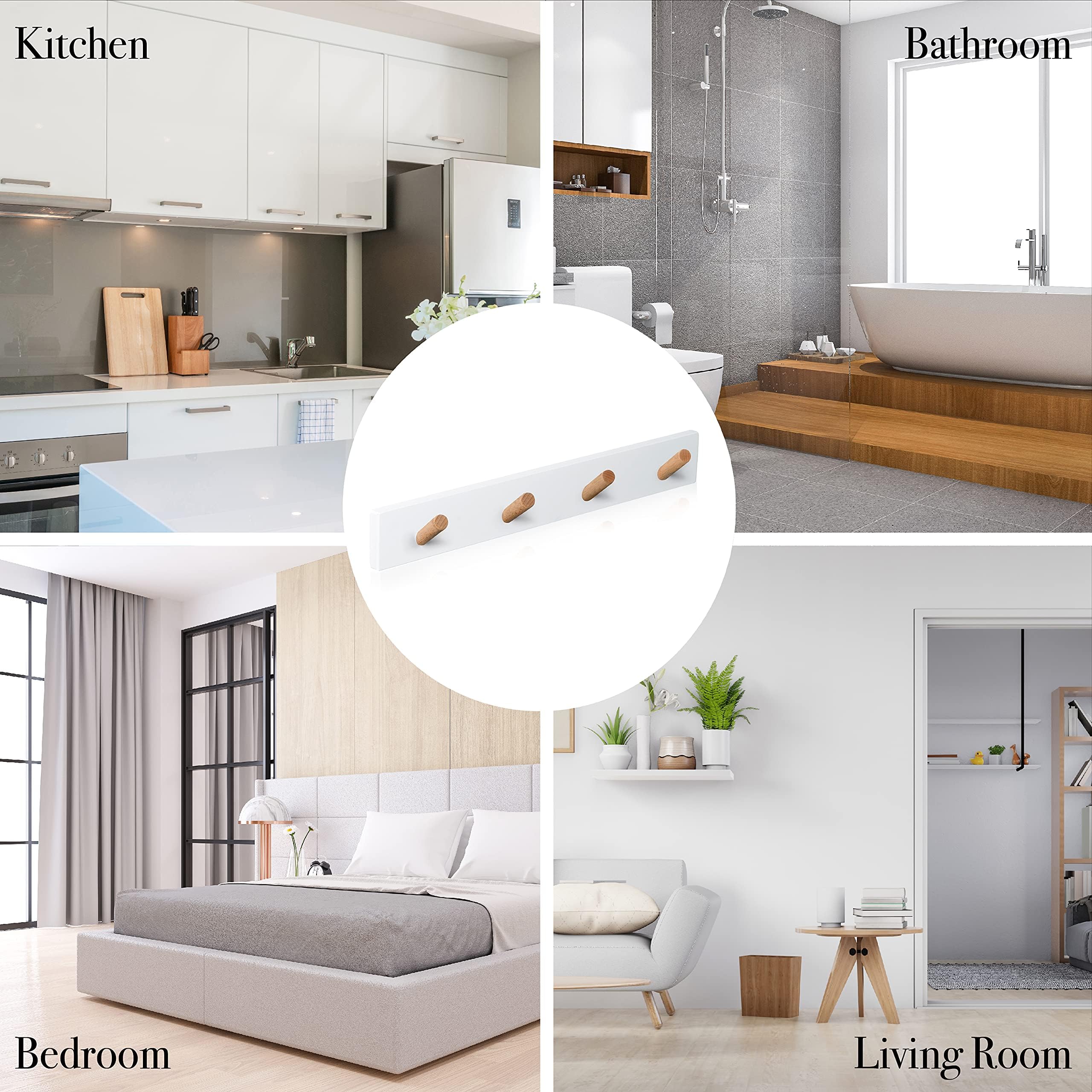 Perchero Pared Blanco ✮ Perchero Pared Madera 4 Ganchos ✮ Colgador Diseño Nordico para Entrada Dormitorio Salon Infantil (Blanco)