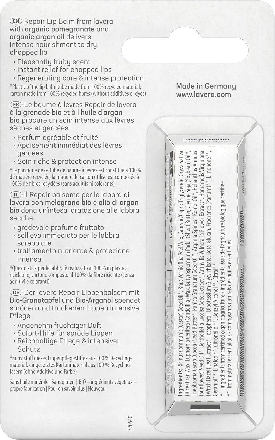 lavera Repair Lip Balm - Protects against dehydration - Instant help - with organic pomegranate & organic argan oil - vegan