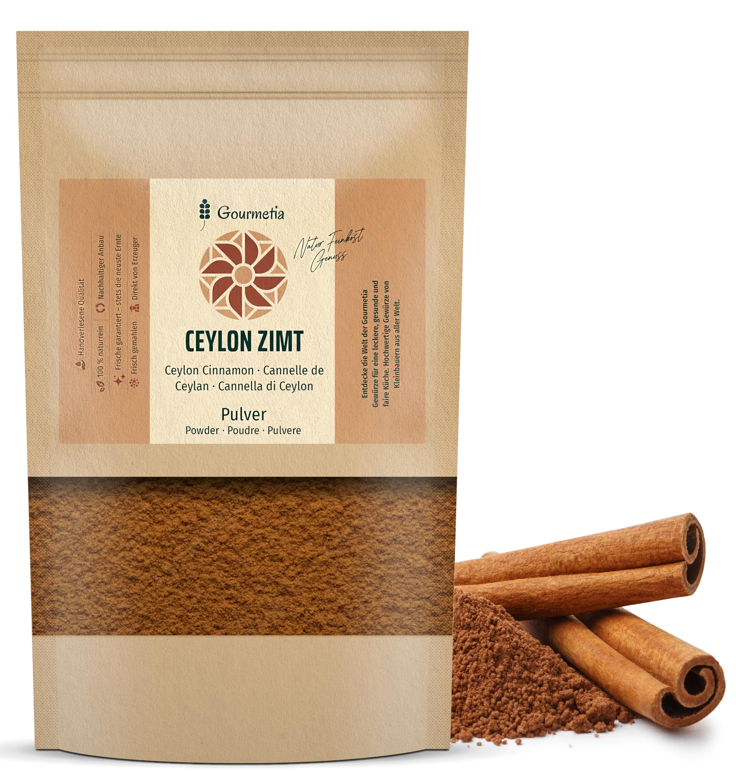 Gourmetia® Ceylon Zimt Pulver 200g, Zimt fein gemahlen – 100% naturrein