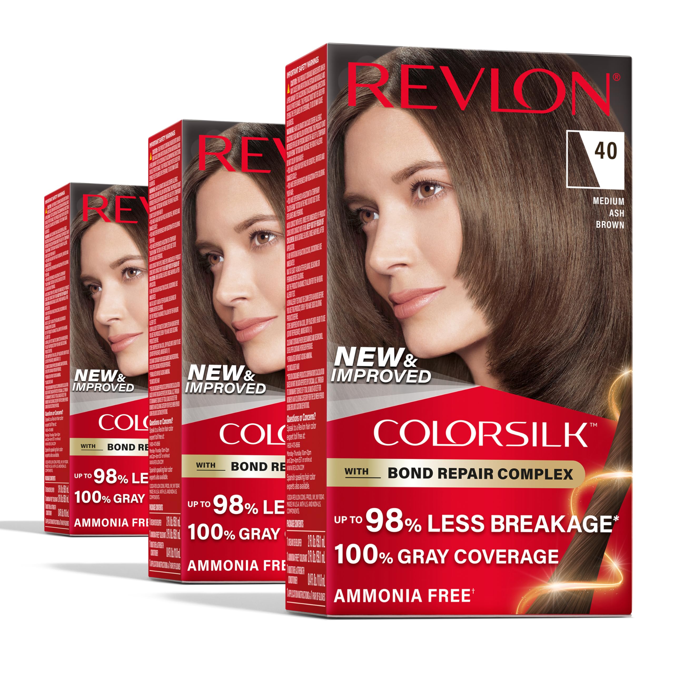 REVLONColorSilk with Bond Repair Complex, Brown Permanent Hair Color, 100% Gray Coverage, Ammonia Free Hair Dye, Vegan Keratin, 40 Medium Ash Brown (Pack of 3)
