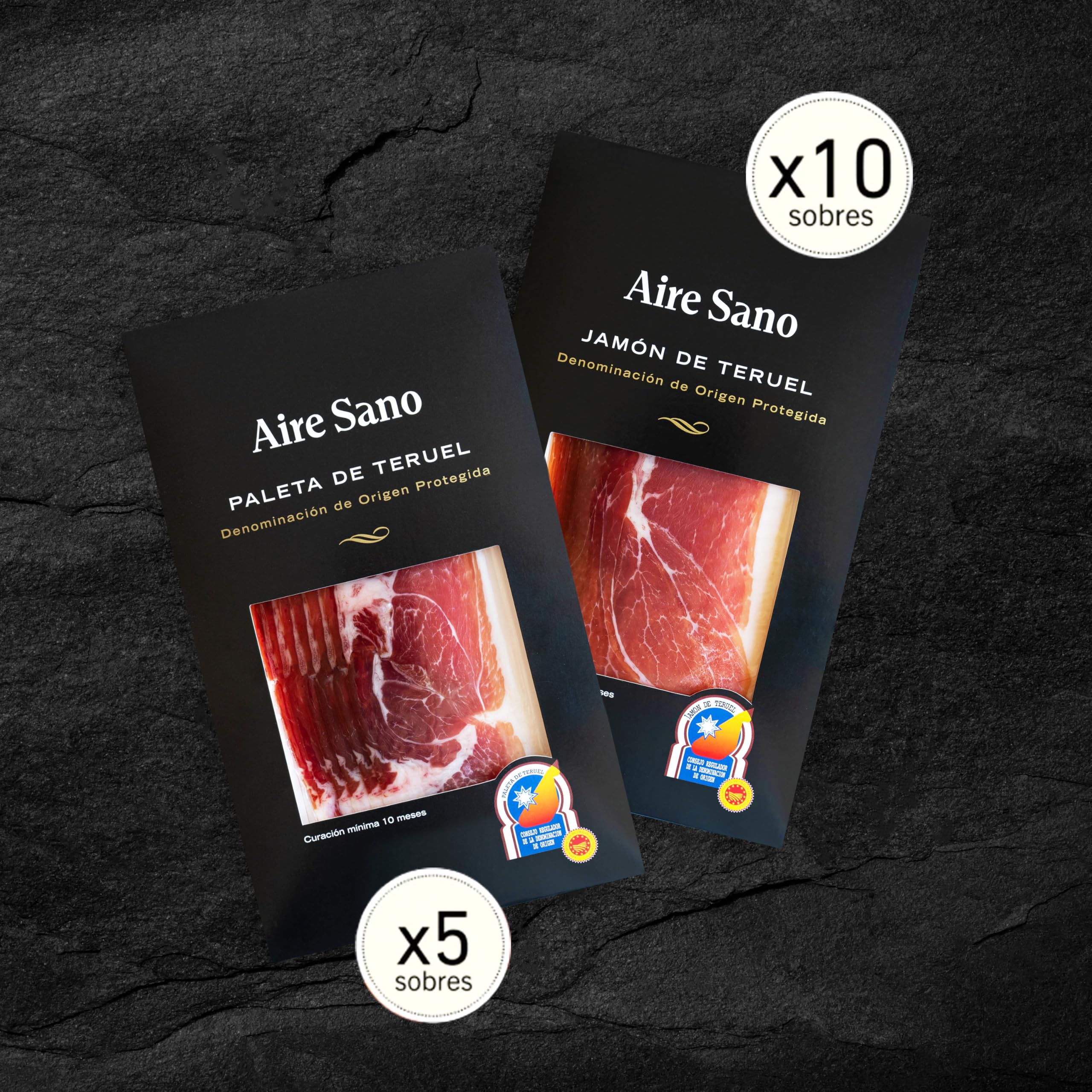 Aire Sano - Estuche de Jamón y paleta DOP Teruel (10 Sobres de Jamón de 80 g) + (5 Sobres de Paleta de 80 g) - Alto Contenído en Proteínas, Sin Gluten y Sin Lactosa - Envasados al Vacío