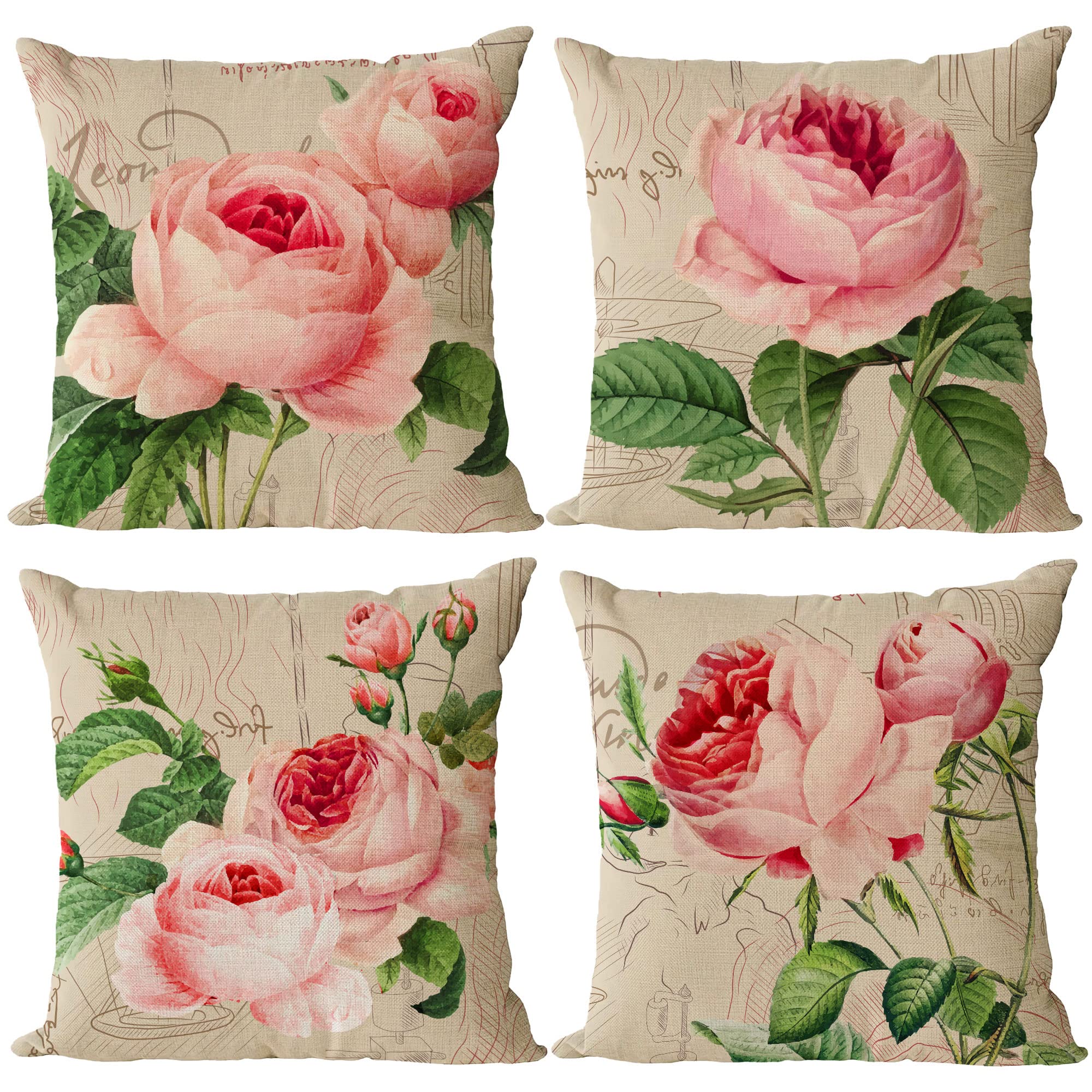 YeeJu Set of 4 Pink Rose Pillow Covers 22x22 Vintage Floral Decorative Cushion Cover Plant Flower Throw Pillow Covers for Home Outdoor Sofa Couch