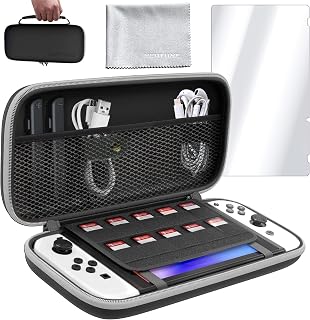 Neptune Protective Shell Carrying Case For Nintendo Switch/OLED - Protection Kit w/ Game Cartridge Holder, Water-Resistant Shell, Microfiber Towel & Screen Protector, Ultimate Travel Companion Bundle