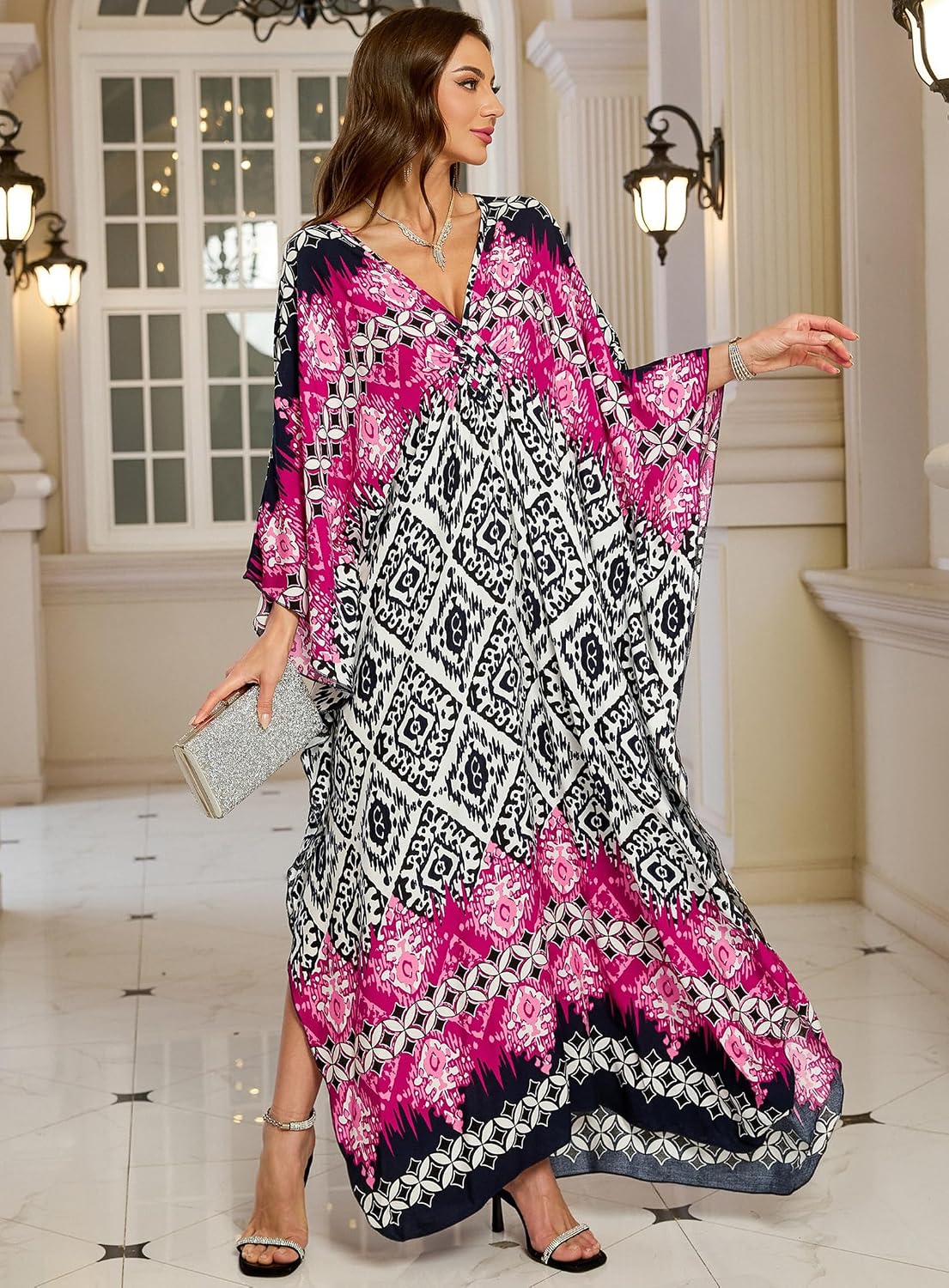 Yanziliu Women Kaftan Dresses Plus Size V-Neck Batwing Sleeves Beach Cover Up Summer Floral Print Caftan Dress image 4