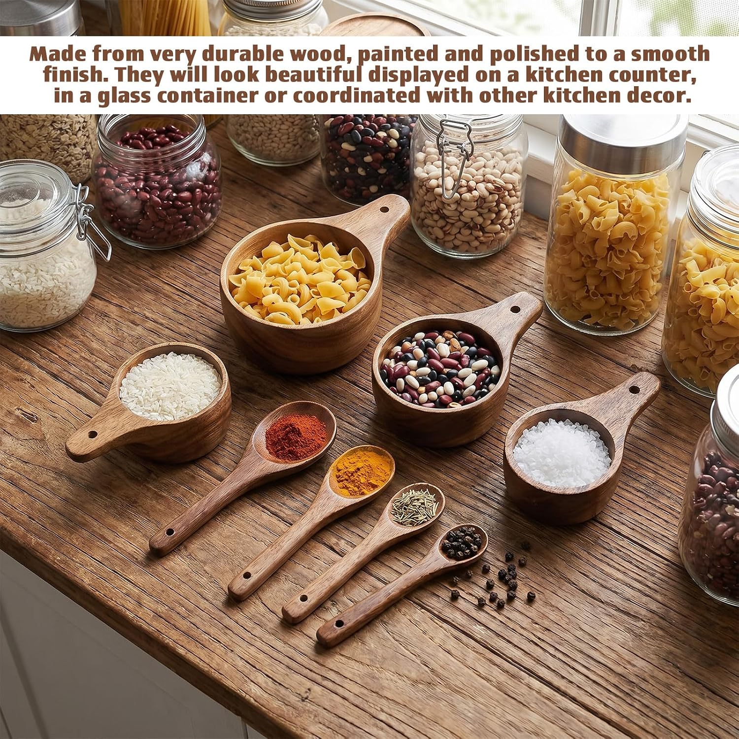 8 Pcs Wooden Measuring Cups and Spoons Set 4 Cups & 4 Spoons
