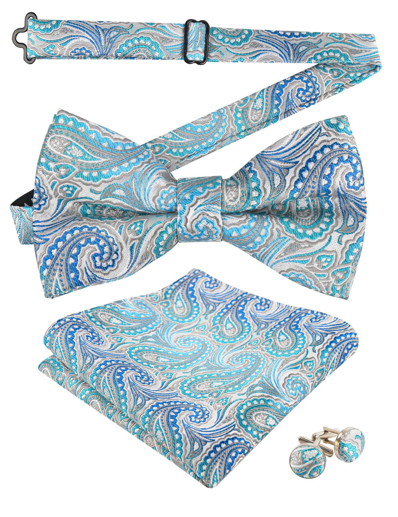 Alizeal Mens Paisley Bow Tie, Pocket Square, Cufflinks Set