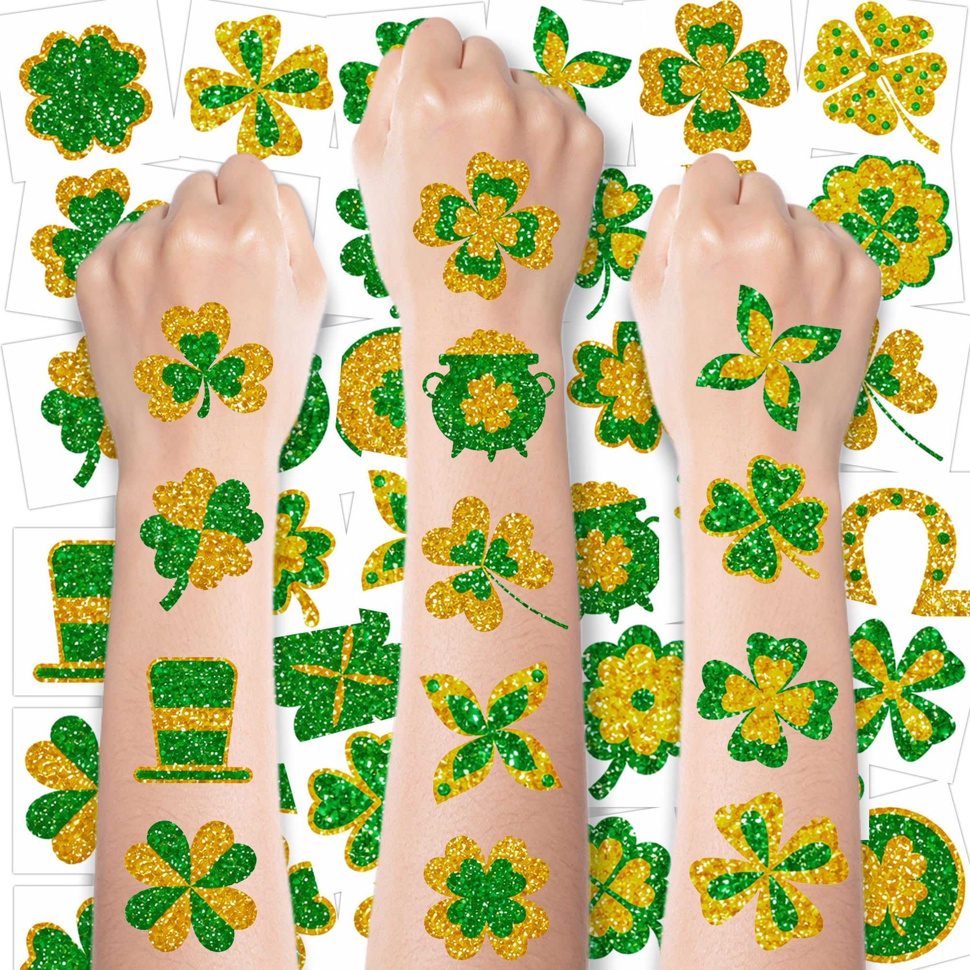 St Patricks Day Accessories - 100 PCS Shamrock Temporary Tattoos for Kids | St Patricks Day Shirt Women - Saint Patricks Day Green Gold Lucky Clover Stickers Crafts Makeup Party Favors Supplies