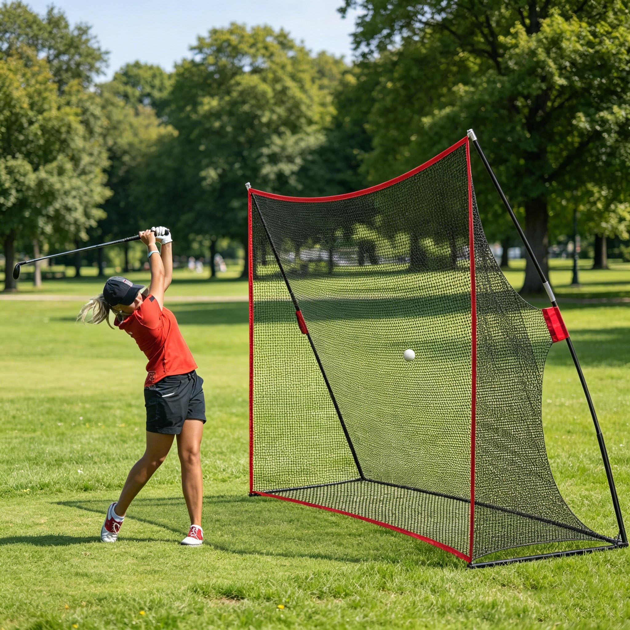 Golfnetz riesig 305x93x217 cm tragbar stabiles Golf Übungsnetz für Innen & Außen mit Aufbewahrungsnetz & 4 Heringen Trainingshilfe für Zuhause schwarz/rot