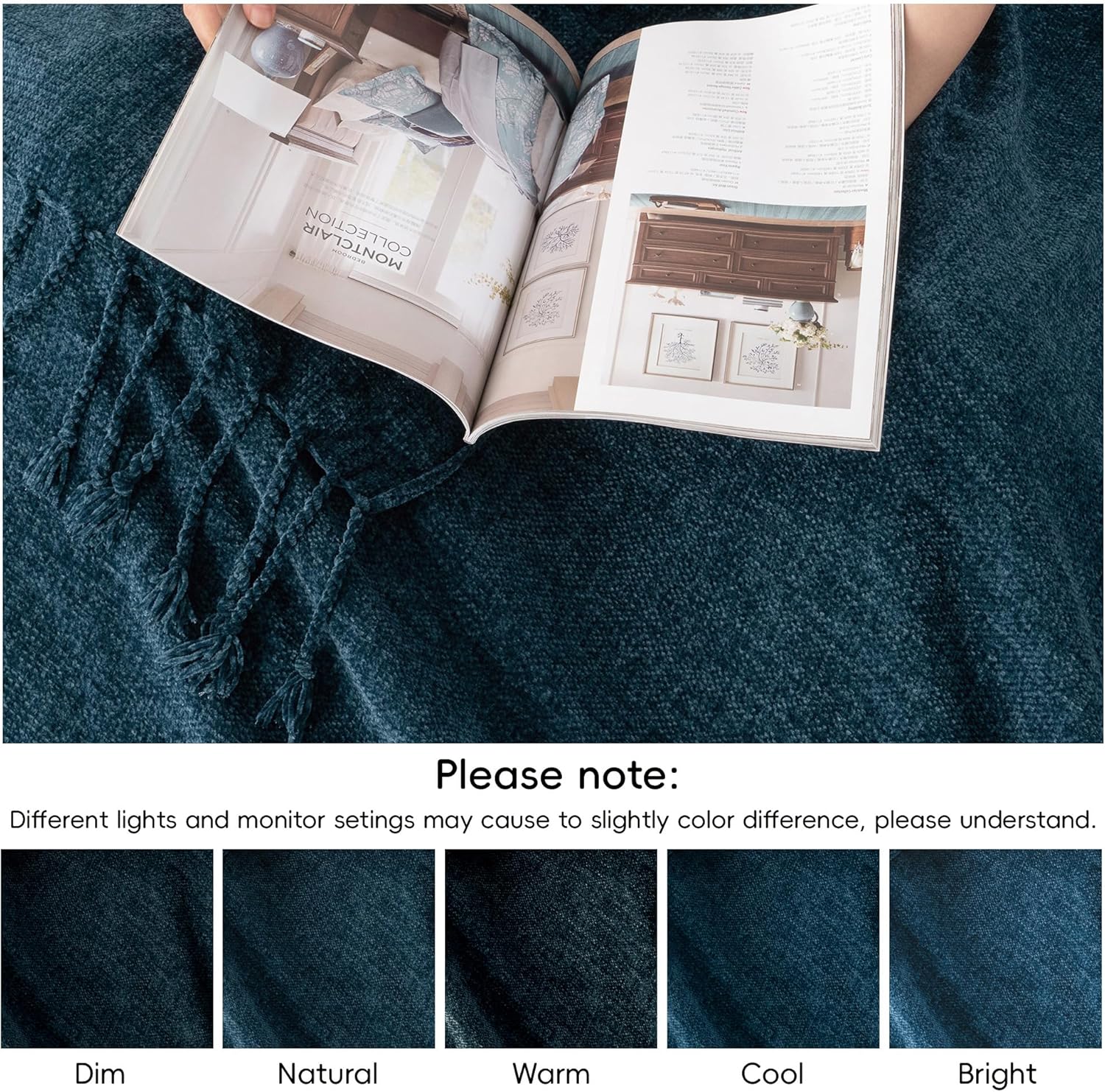 BATTILO HOME Navy Blue Chenille Throw Blanket for Couch, Bed, Sofa - Soft Cozy Chenille Knitted Throw Blanket with Handmade Fringe Tassels, Lightweight Knit Throw for Home Decor, 50"x60" - Image 5