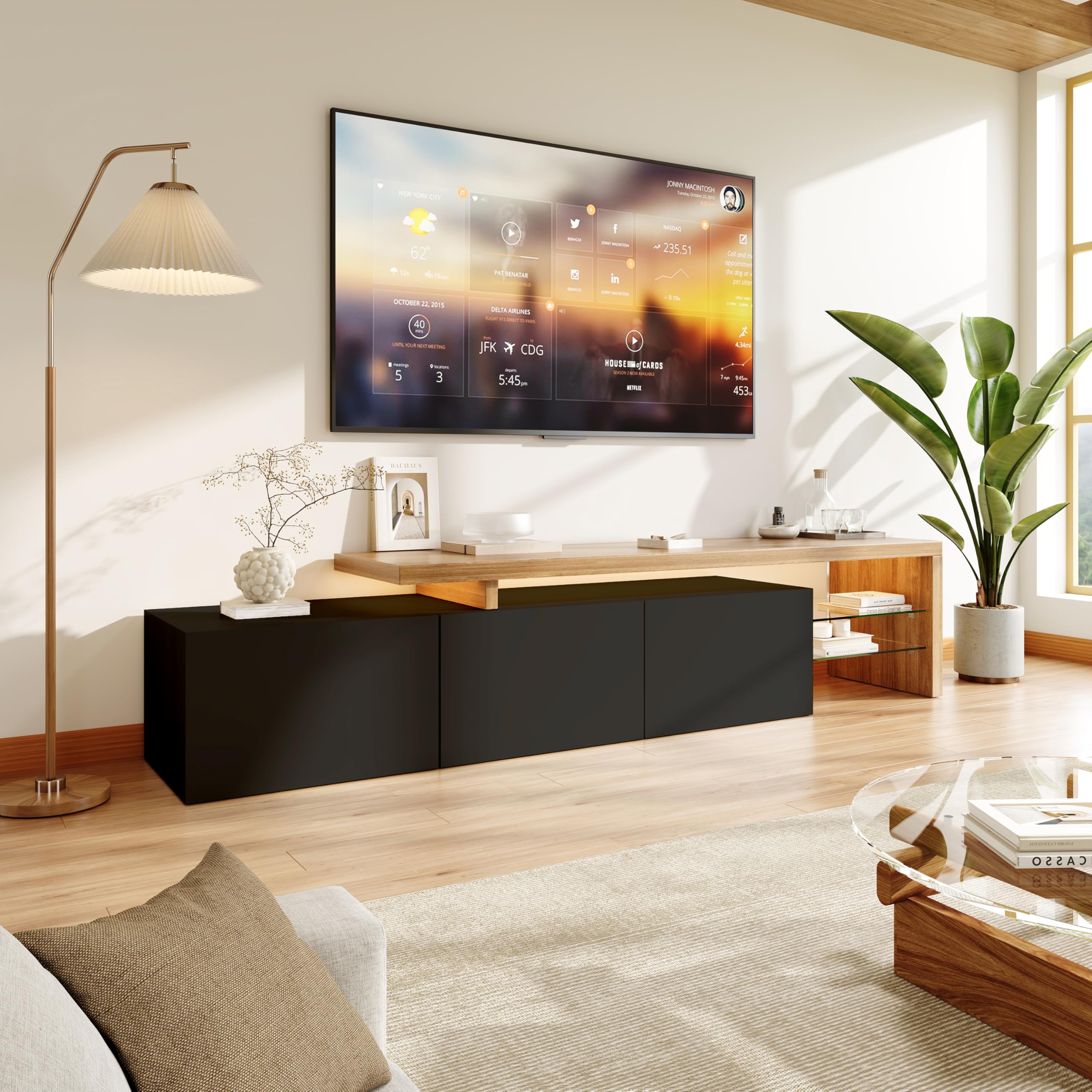 Moderno mueble de TV con LED, mesa de TV con 3 compartimentos, mueble bajo de TV brillante, mesa de salón con estante de cristal, armario de almacenamiento en acabado madera (negro, 200 x 39 x 42 cm)