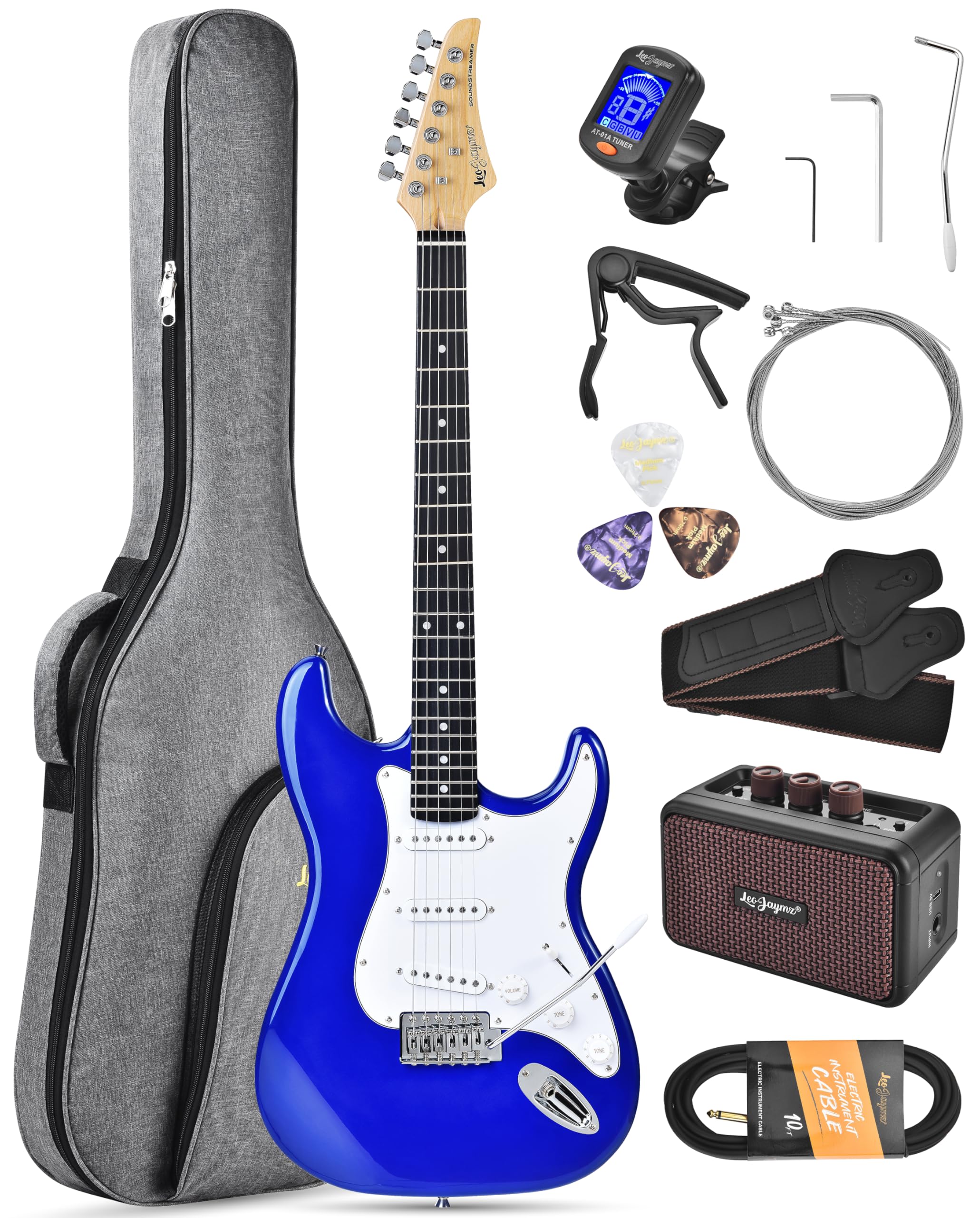 Leo Jaymz Beginner Electric Guitar Complete Kit with Portable Amp, Padded Gig Bag & Full Accessories, Maple Neck SSS Pickups(Royal Blue)
