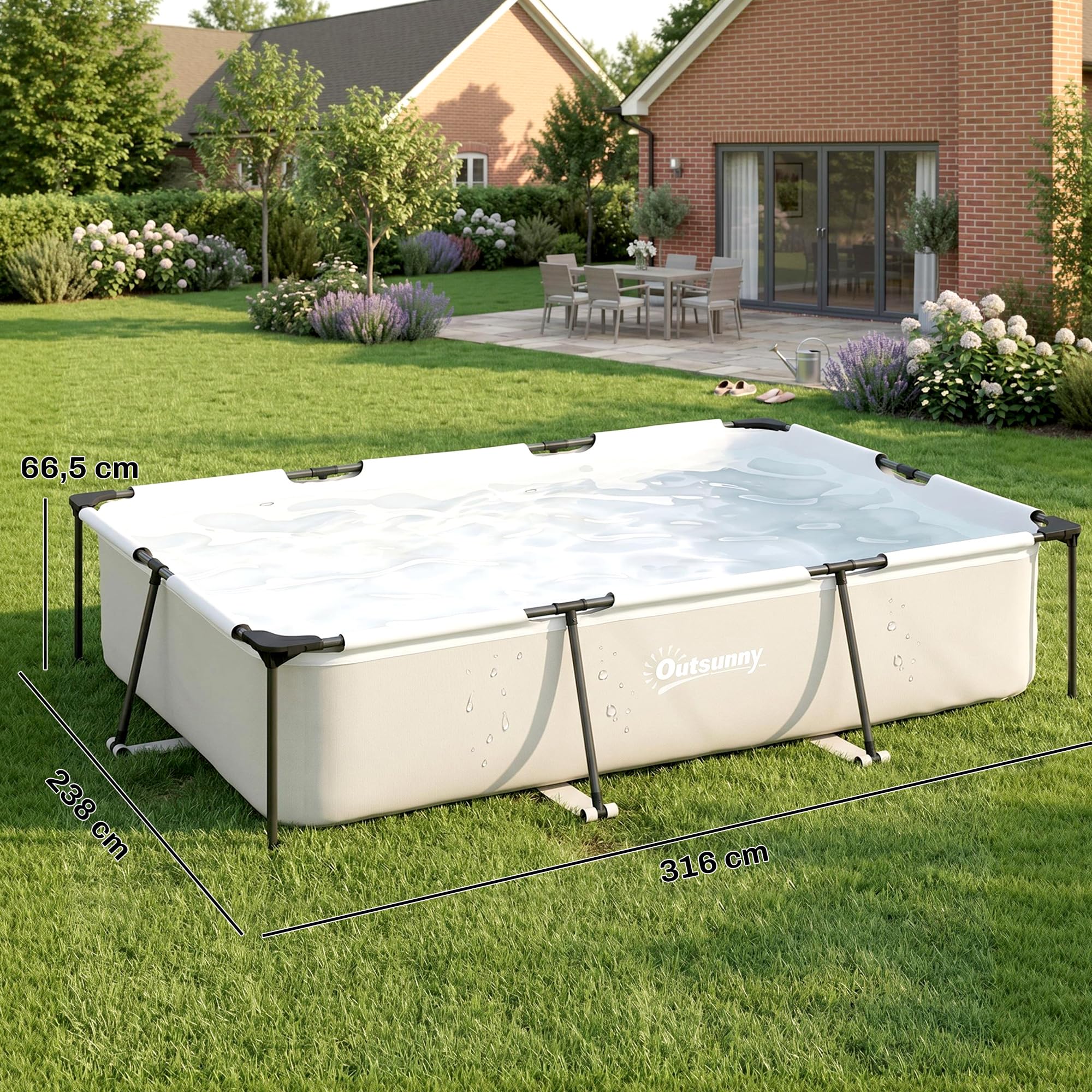 Outsunny Piscine Tubulaire Rectangulaire - 316x238x66,5cm avec Pompe de Filtration - Piscine Hors Sol Famille 3701L en PVC Triple Couche, Structure Stable Antirouille, Gris