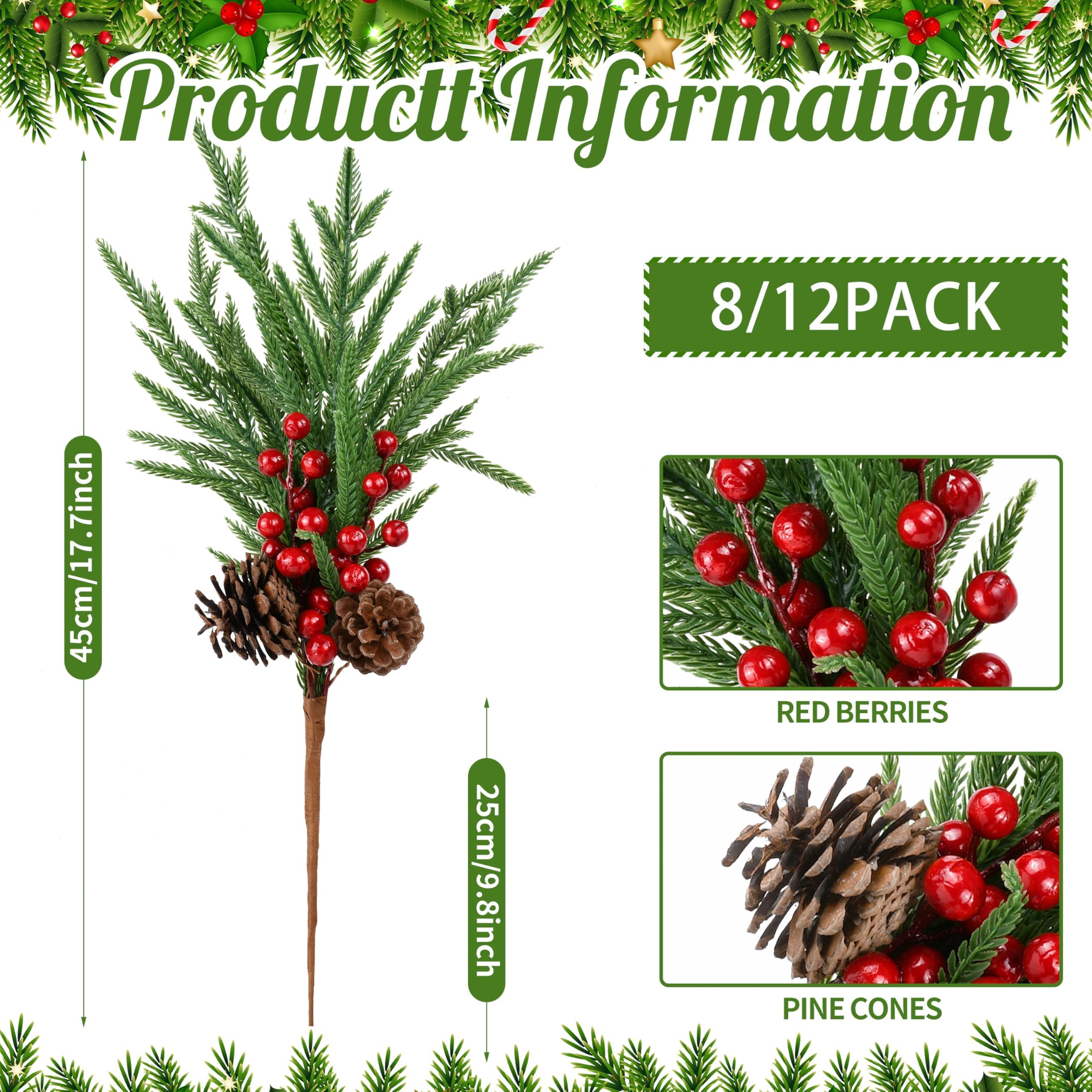 Künstliche Norfolk-Tannenzweige, künstliche grüne Tannenspieße mit roten Beerenstielen und Tannenzapfen, künstliche Tannenzapfen, Zweige für Weihnachten, drinnen und draußen, Heimdekoration, 6 Stück