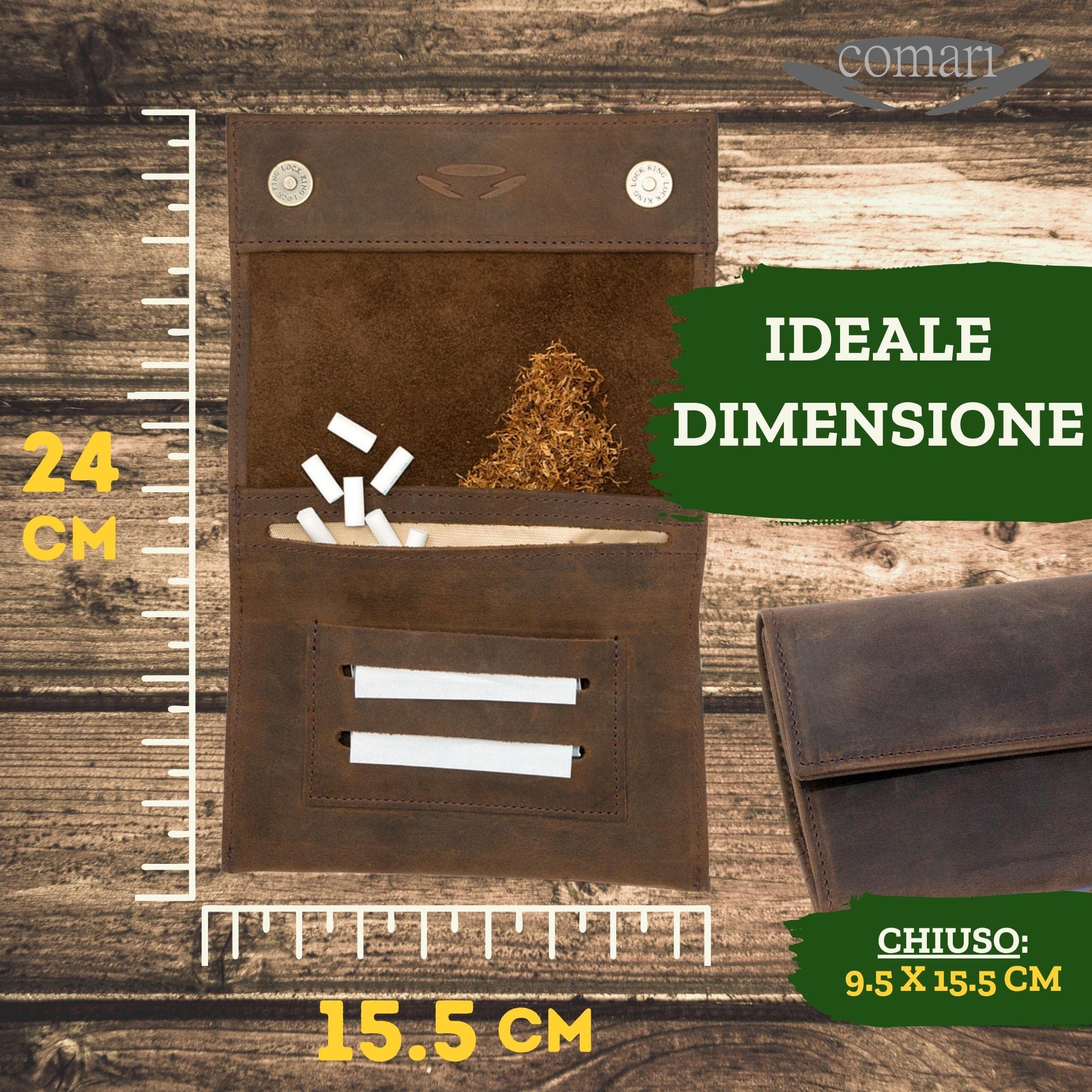 Premium Porta-Tabacco in Pelle con incisione, 2 Scomparti Extra per Cartine Doppia e Filtri, Bottoni Magnetici, Astuccio Tabaco Cuoio(Marrone Vintage)